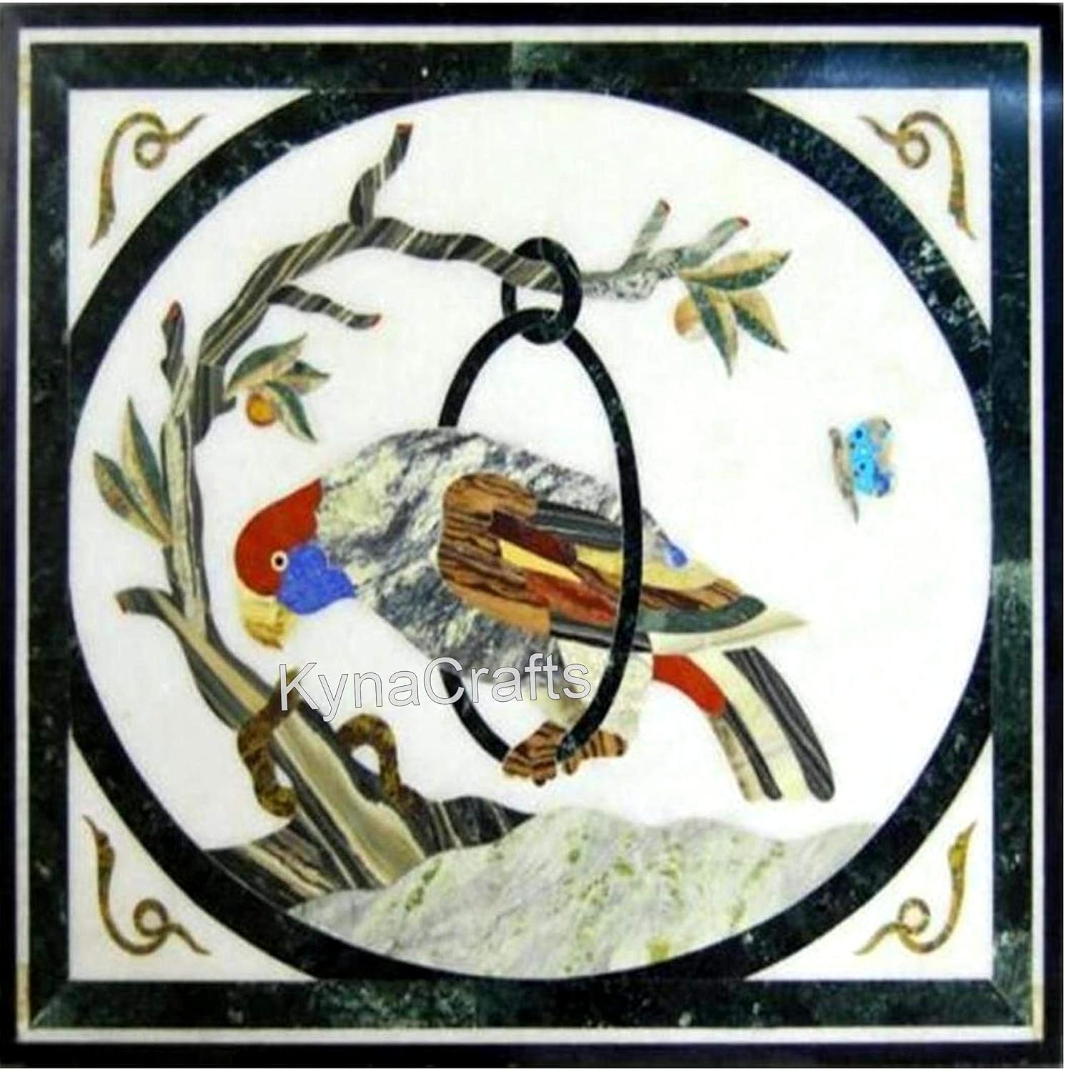 Square Marble Sofa Side Table Top Bird Pattern Inlay Work Coffee Table Top for Restaurant and Hotel Decor 15 x 15 Inches
