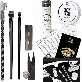 - Eyebrow Mapping Kit with 30m White Mapping String, 15g White Brow Paste, 2 Eyebrow Brush Set, Microblading Pencil for Outlining, Pencil Shaper and Blades, 20 Brow Ruler Stencils + Instructions