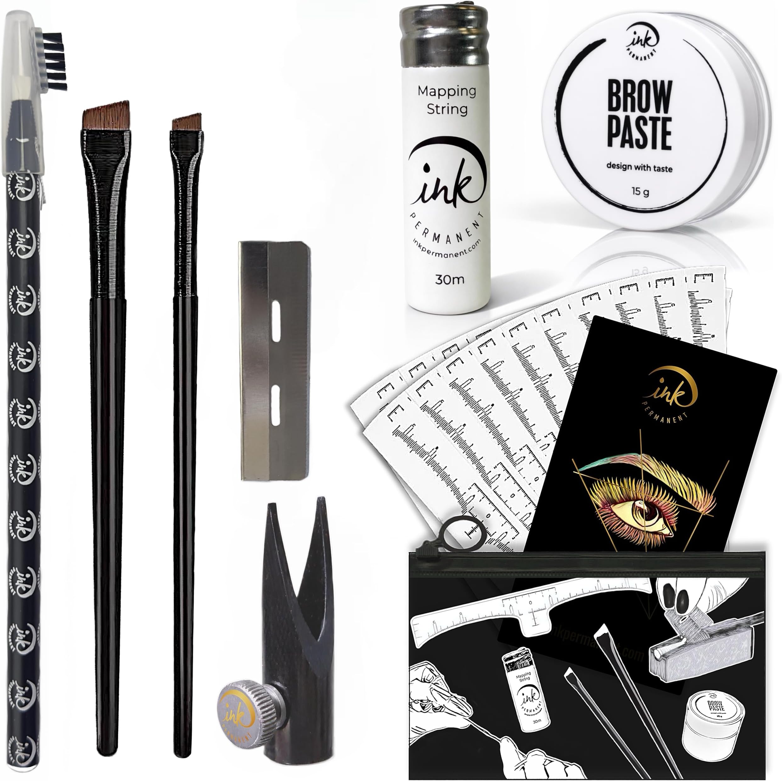 - Eyebrow Mapping Kit with 30m White Mapping String, 15g White Brow Paste, 2 Eyebrow Brush Set, Microblading Pencil for Outlining, Pencil Shaper and Blades, 20 Brow Ruler Stencils + Instructions