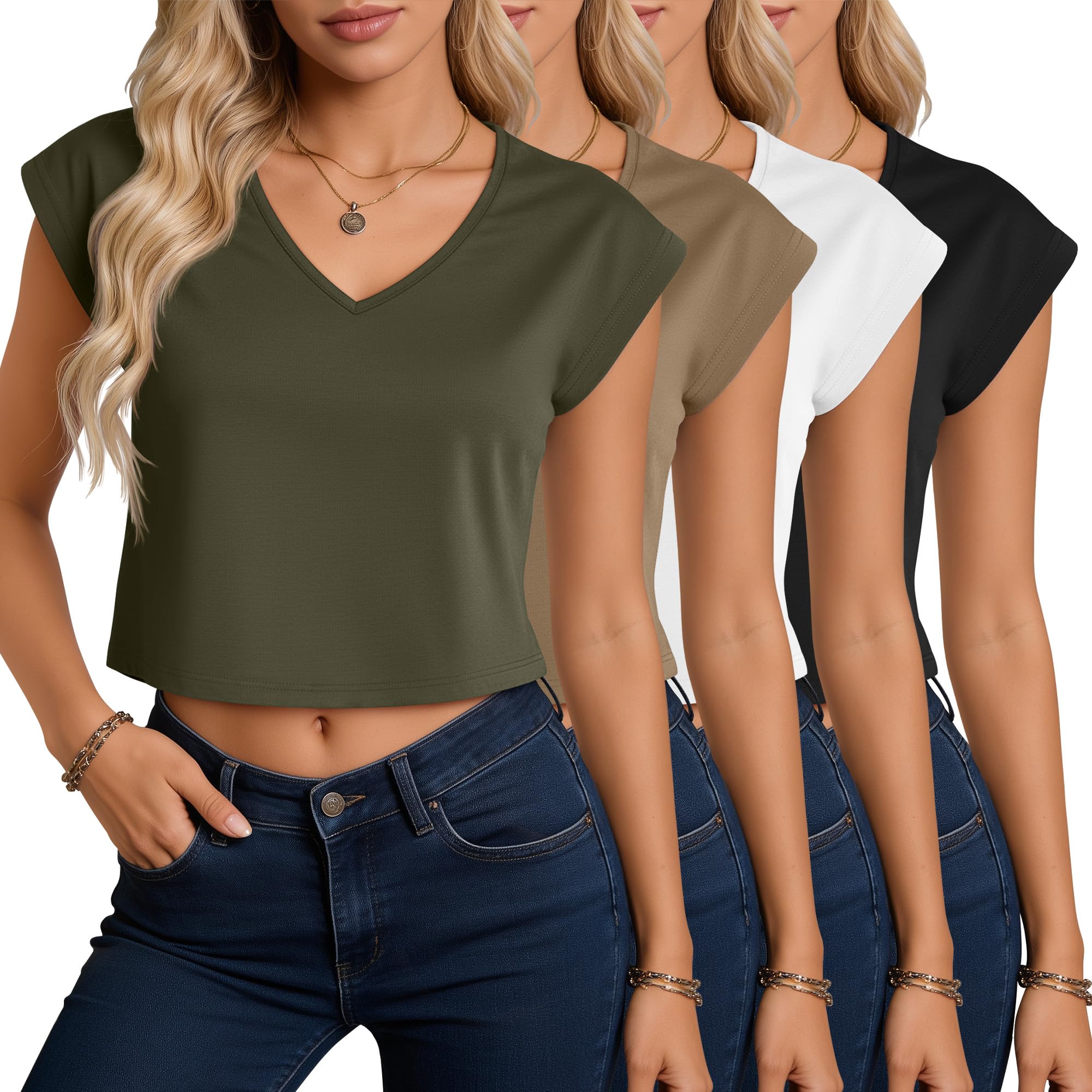 Velvelhall 4 Pack Women's V Neck Cropped Tops Cap Sleeves Short T Shirts Loose Fit Casual Summer Crop Basic Solid Tees