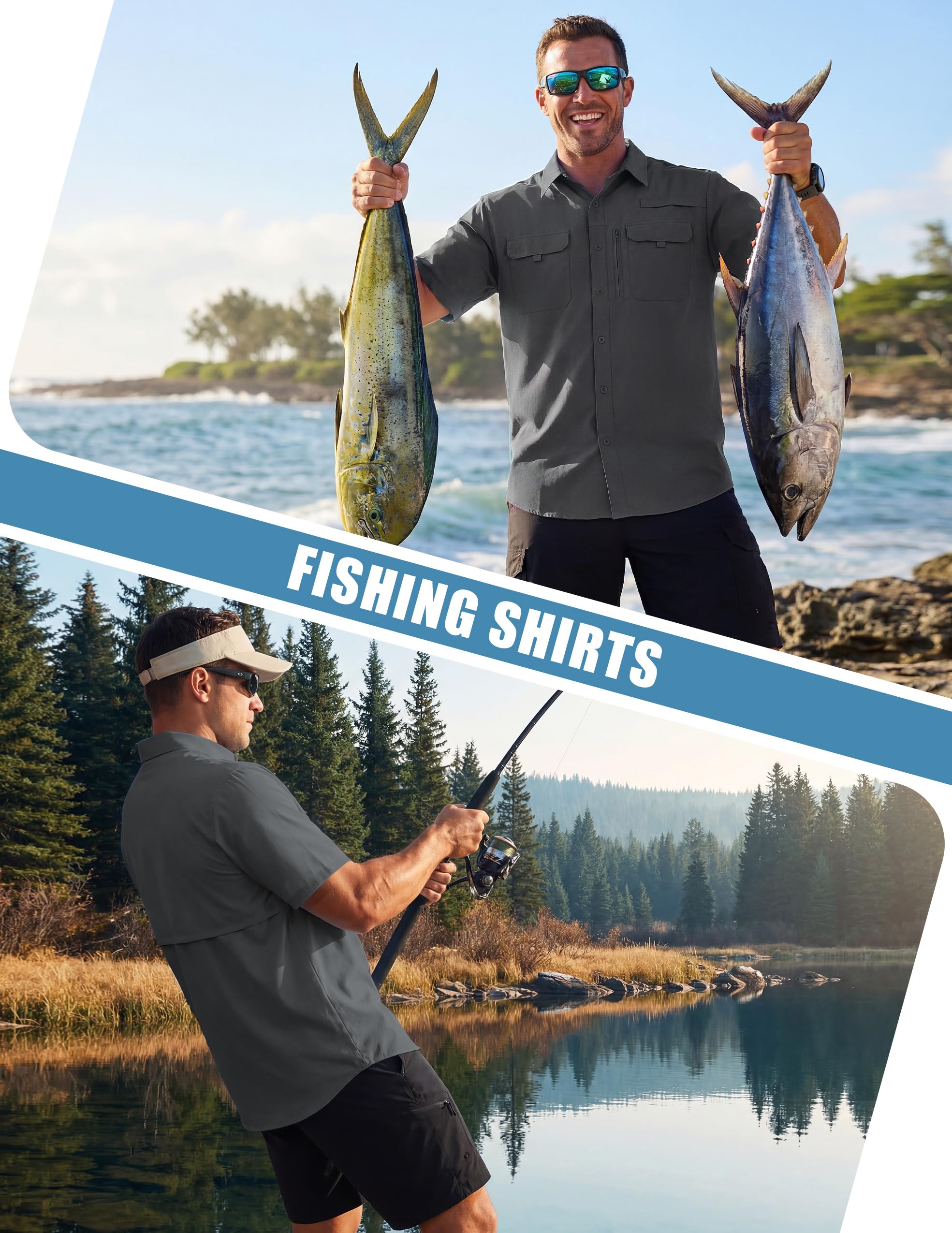 Chemise Homme Manches Courtes UPF 50+ Protection UV Séchage Rapide Légère Respirante Chemise Outdoor pour Randonnée Pêche Voyage Safari Travail