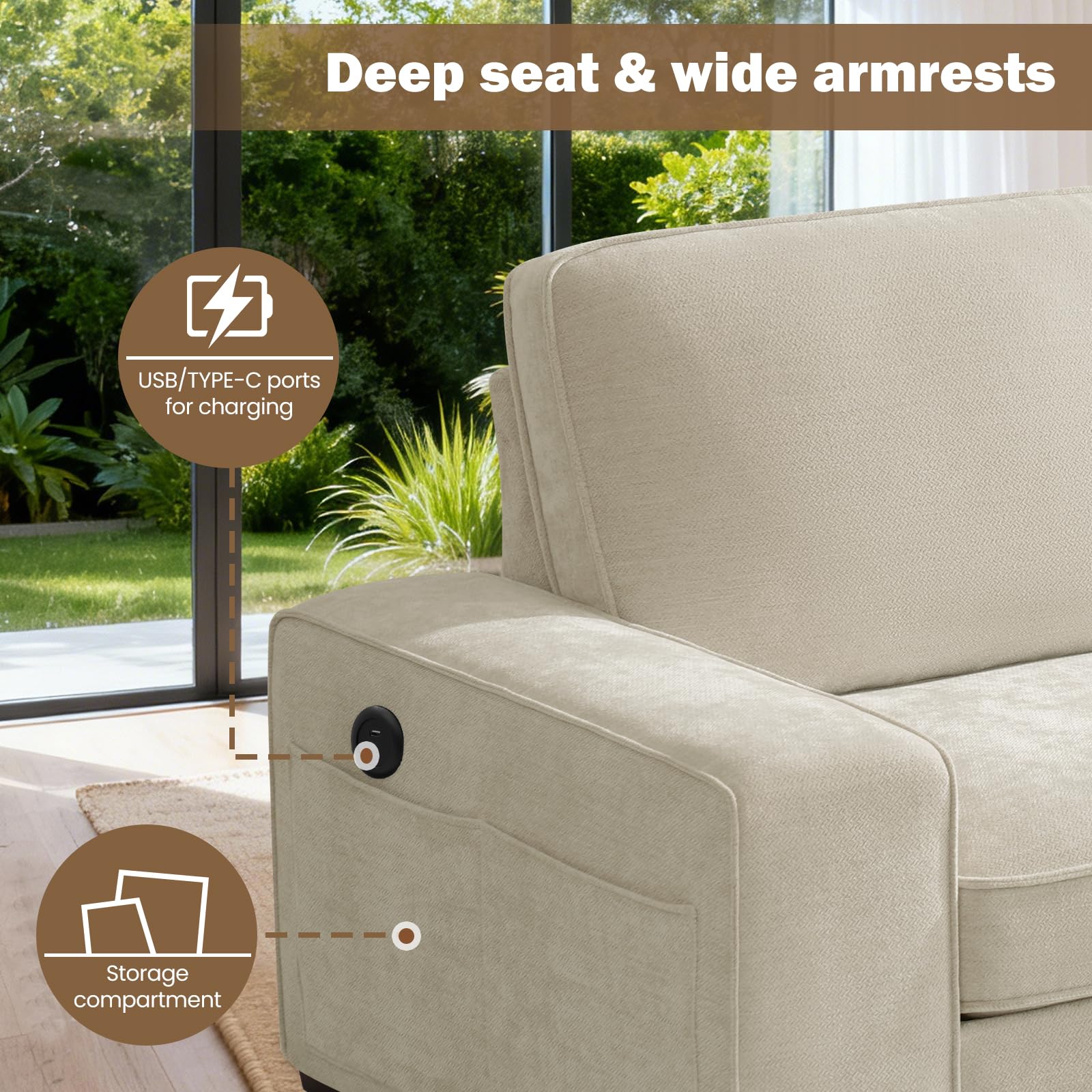 DUANDUAN Sofá seccional Convertible 250 cm con Almacenamiento en Chaise, Moderno diseño Reversible en Forma de L, cómodo Tejido de Chenilla, Fundas de Almohada Desmontables, Puertos USB Tipo C Beige