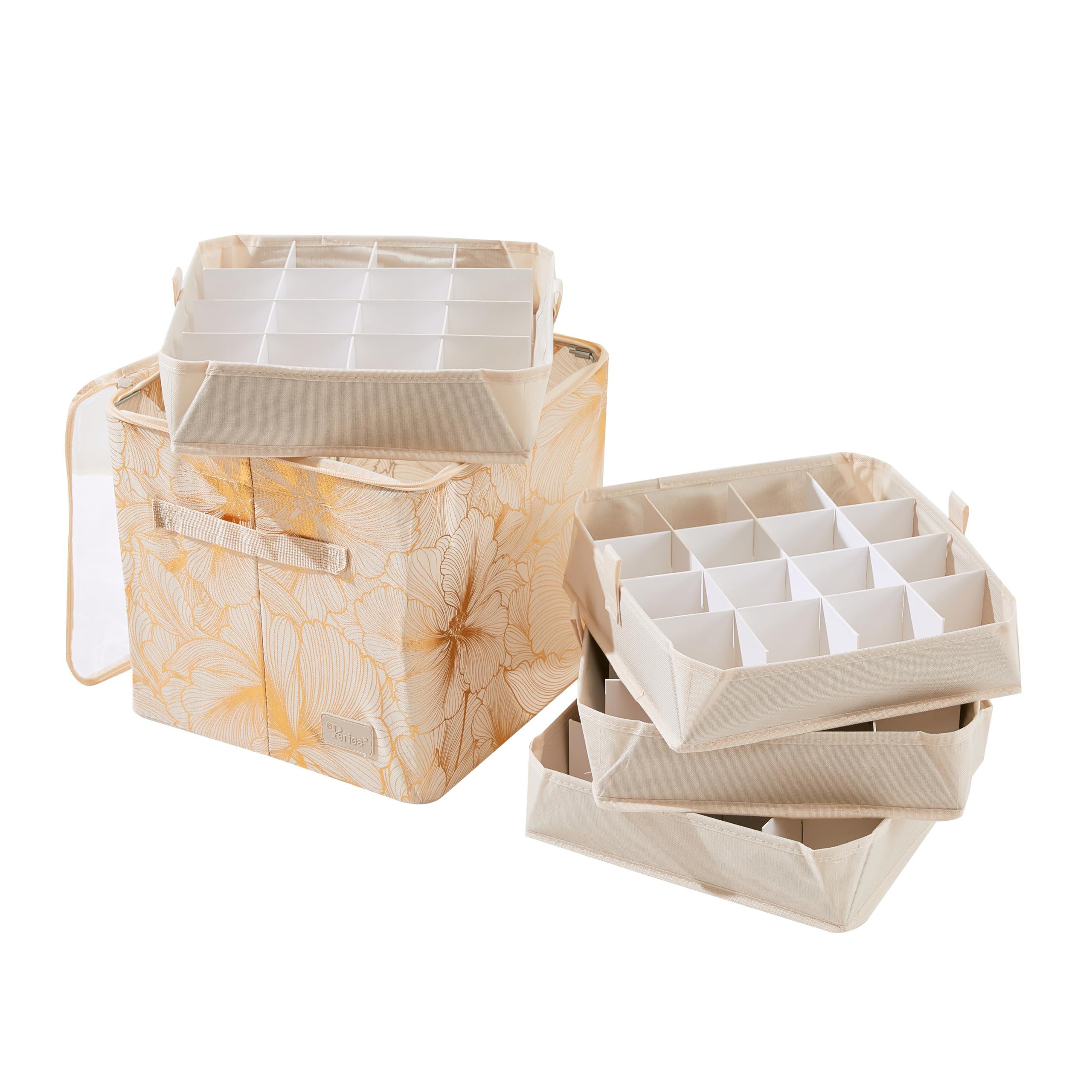 Periea 'Carol' Christmas Bauble Storage Box with 64 Slots: Collapsible with Metal Frames, Dividers, and Zippered Closure - Ideal for Delicate Xmas Ornament Decorations & Baubles - Gold Fern