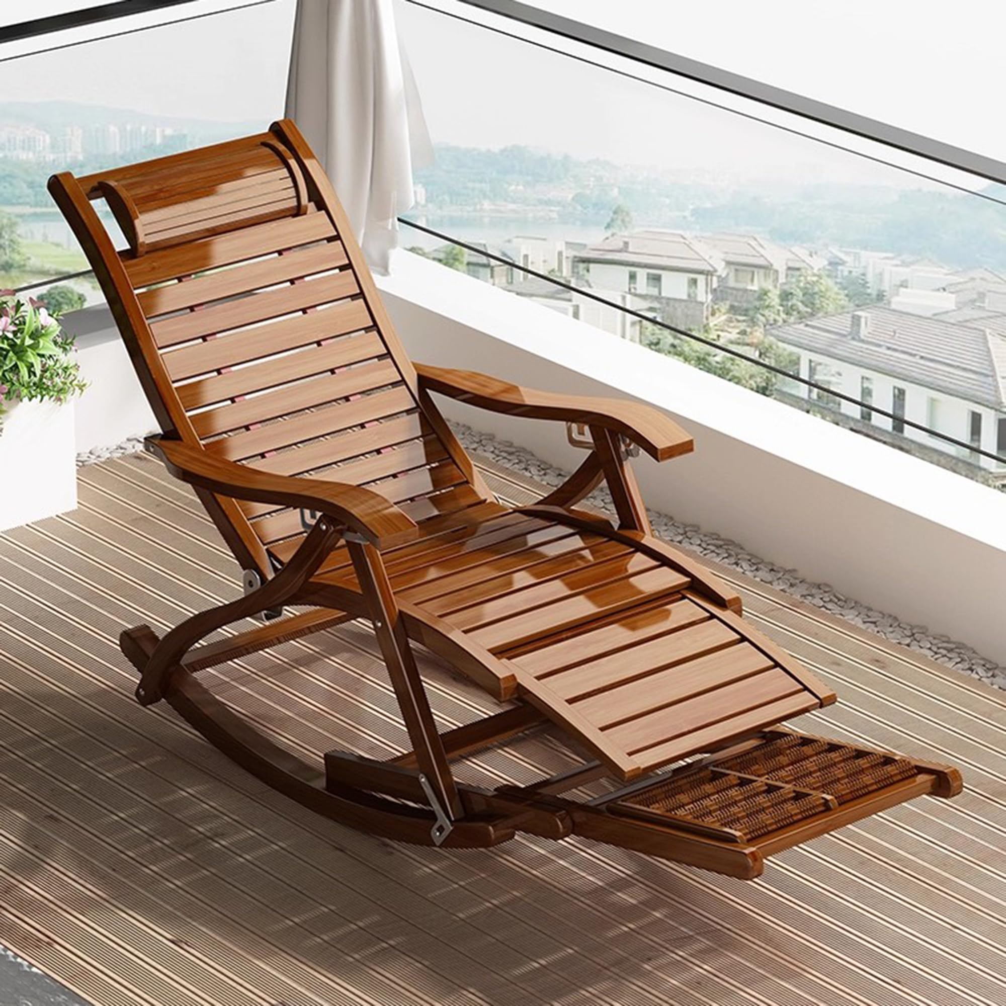 Sedia a Dondolo Pieghevole, Poltrona Reclinabile Regolabile in 5 Posizioni, Lettino Prendisole per Esterni con Poggiapiedi Esteso, Sedia a Sdraio in Legno per Giardino, Patio, Balcone
