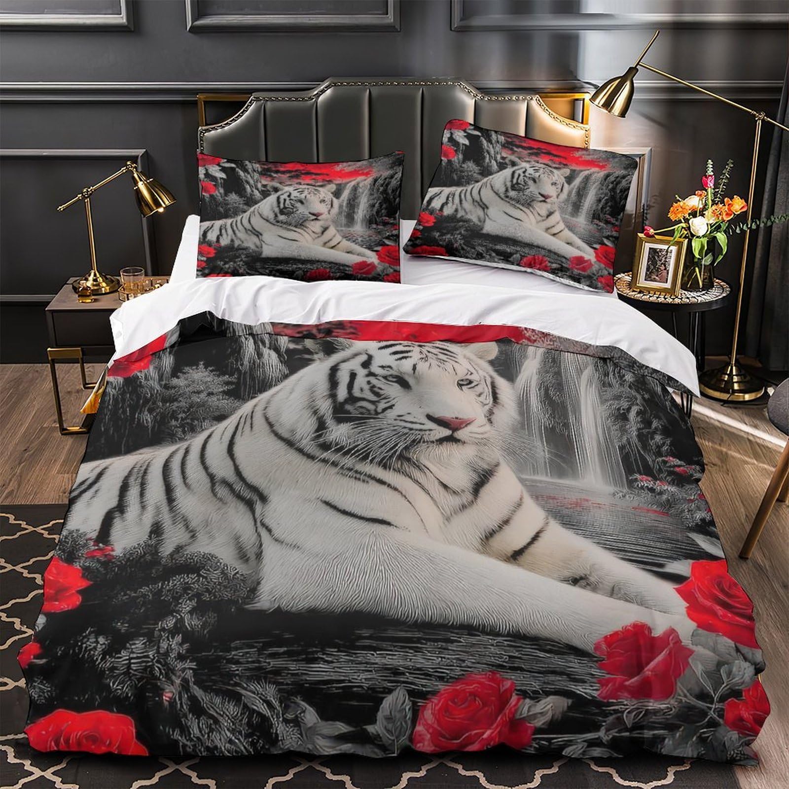 Parure de lit tigre blanc housse de couette double 200x200 hypoallergénique