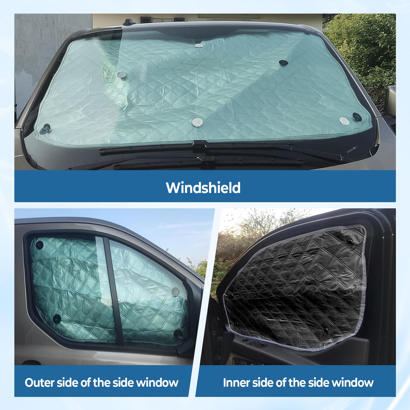 Thermomatte für Mercedes Sprinter 2006-2018, 3-teiliger Sonnenschutz für Windschutzscheibe, Isolierte Front- und Seitenfenster-Sonnenschutzabdeckung mit 18 Saugnäpfen