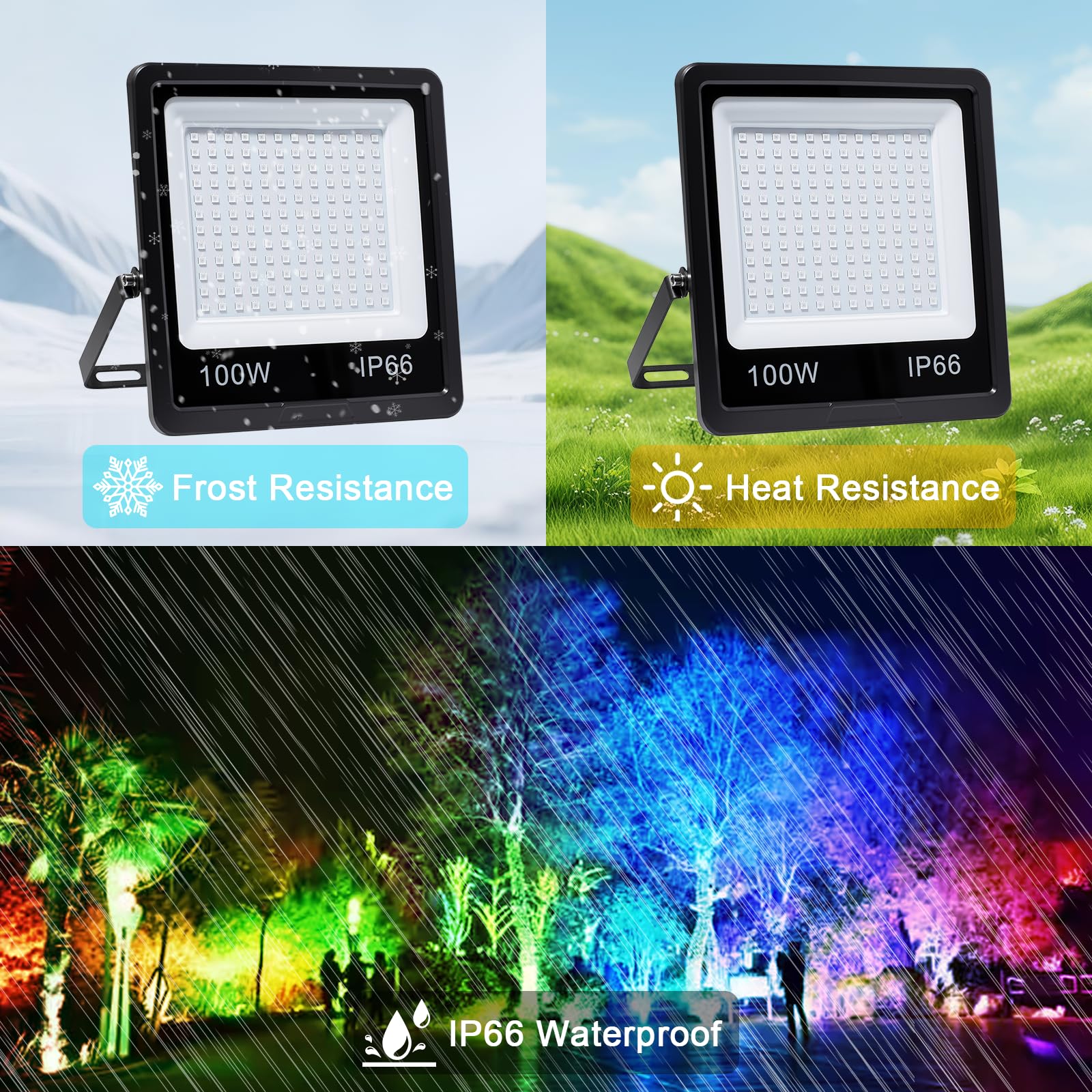 100W RGB LED Strahler, LED Fluter Außen, Mit Bluetooth APP Und 2.4G Fernbedienung, IP66 Wasserdicht Farbwechsel Dimmbar, 16 million Farben Flutlicht für Gärten, Innenhöfe,Party (2 PC)