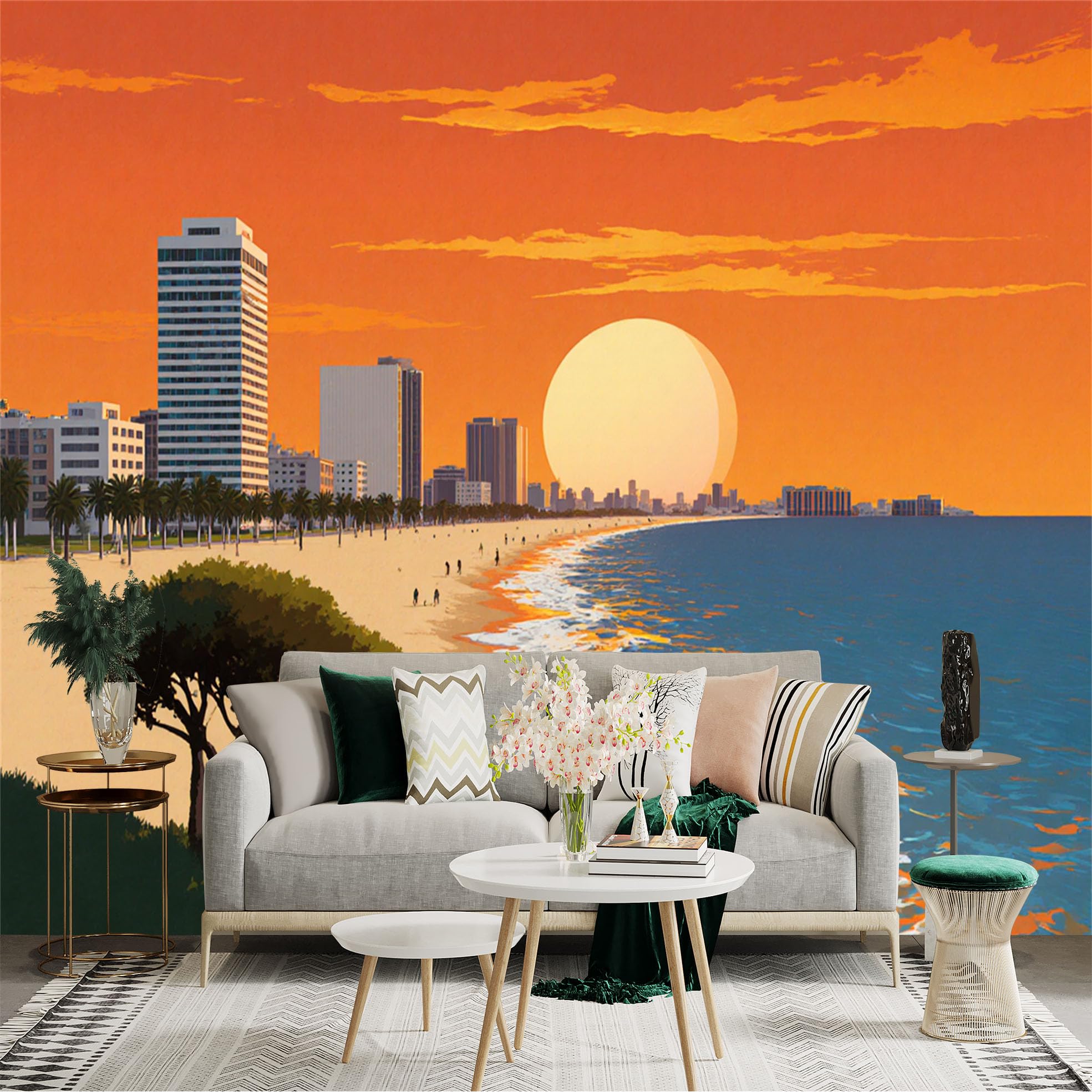 Custom Size Wall Sticker Mural， Sunset Beach with City Skyline and Ocean Waves， for wall Decoration， peelandstick wall Decals.