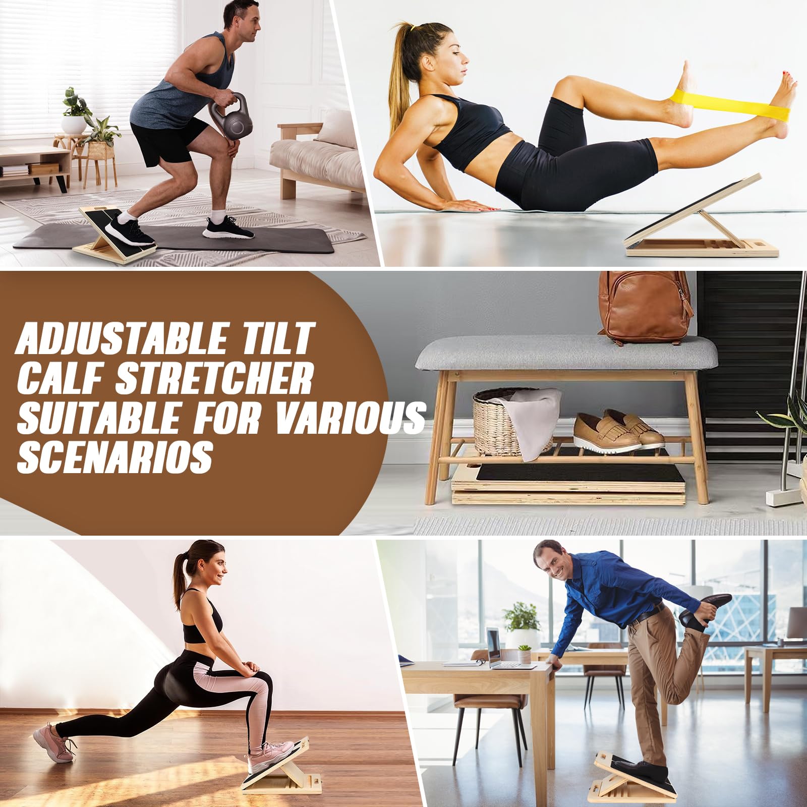 Tavola Inclinata Regolabile in Legno 40×30×4,5 cm con 5 Fasce Elastiche – Pedana Fitness Antiscivolo per Stretching, Squat, Polpacci & Riabilitazione – Con Sacca per Allenamento