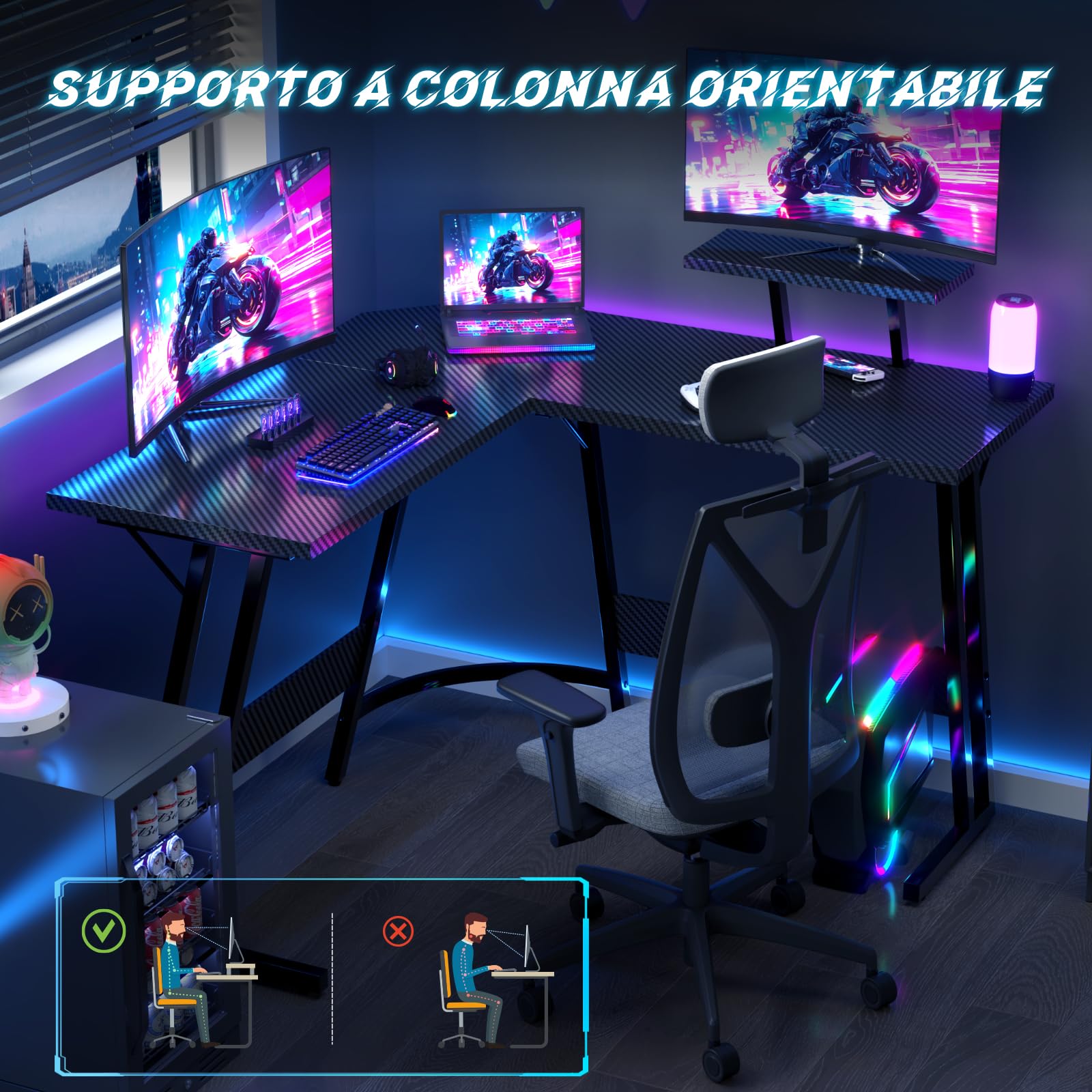 JUMMICO Scrivania Angolare, Scrivania Gaming 120x120cm - Tavolo da gioco a L con Supporto Reversibile per lo Schermo - Versatile (gioco/lavoro/studio) - Rivestita in Carbonio - Nero