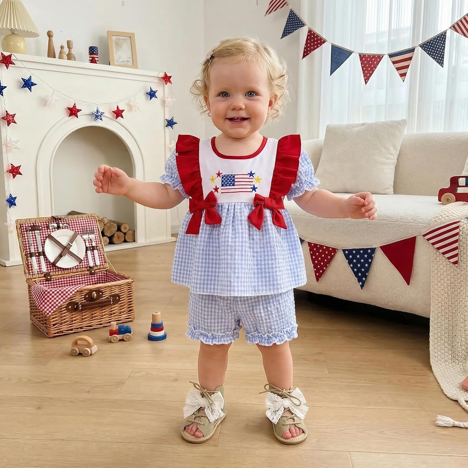 4th of July Baby Girl Outfits Toddler Summer Clothes American Flag Plaid Ruffle T Shirt Dress Shorts Set 6M-4Y