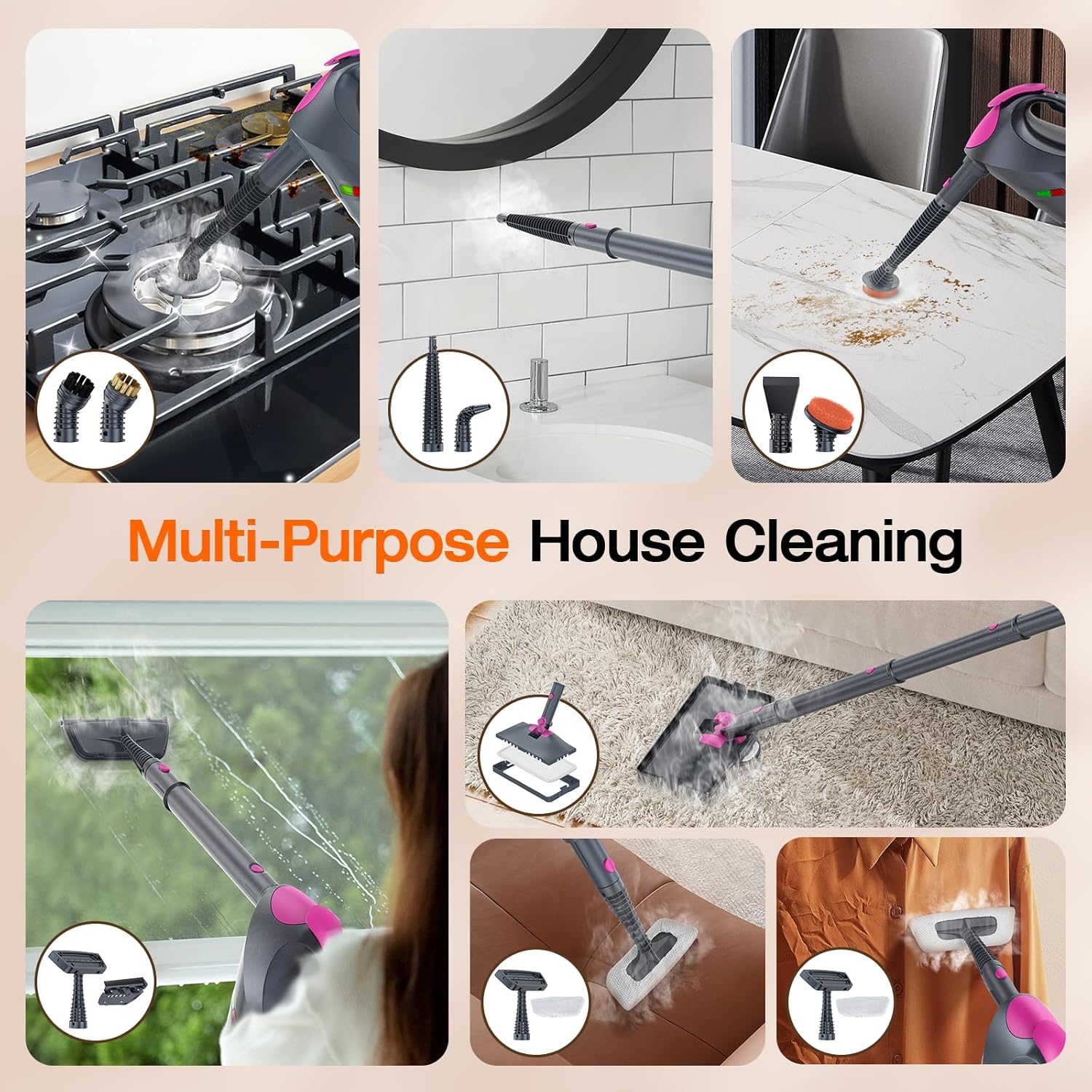 ScrubWiz 10-in-1 Steam Cleaner, Steam Mop with Detachable Handheld Steamer, 320ml Water Tank, 10s Fast Heating, Portable Steamer for Cleaning Floor, Tiles, Kitchen, Window, BBQ Grill, Car, Gray