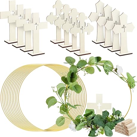 Baptism Centerpieces for Tables with Wood Crosses and Metal Floral Hoops