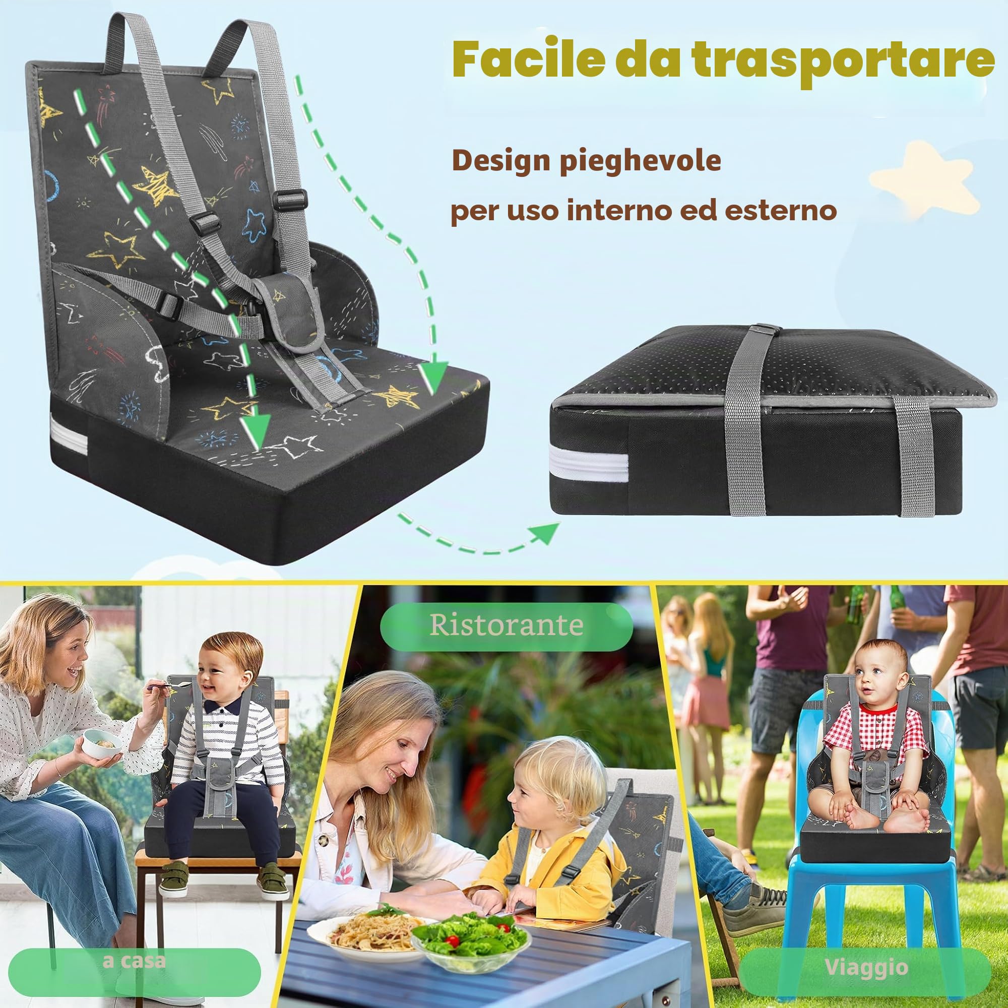 Froadp Seduta rialzata per bambini in tessuto Oxford impermeabile con schienale e cintura di sicurezza grigio