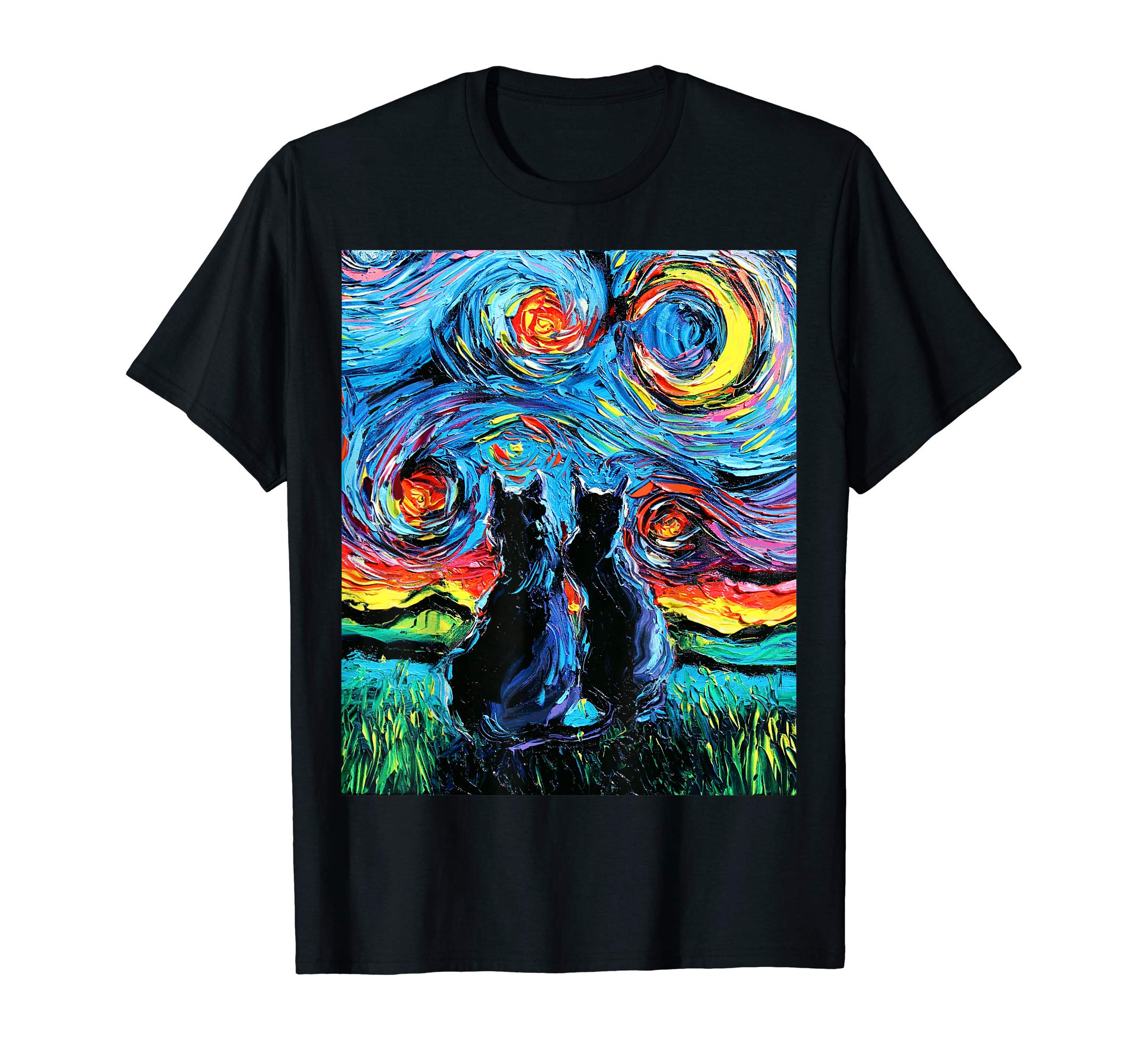 Two Black Cats on a Starry Night colorful art by Aja T-Shirt