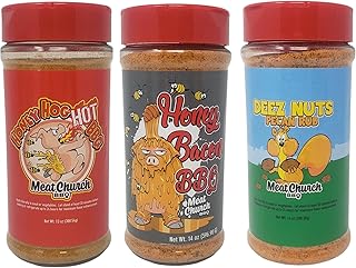 Meat Church BBQ Rub Variety Pack Honey Bacon BBQ 14 oz Honey Hog Hot BBQ 13 oz and Deez Nuts Pecan Rub 14 oz 41 oz Total of Meat Church Seasoning 14 Ounces