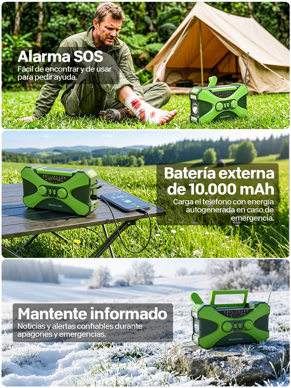Radio Manivela Solar Emergencia, Emergencia Portátil, Manivela Solar Am/FM, Batería Power Bank 10000mAh, Radio de Supervivencia con Manivela, Linterna, Alarma SOS (Verde)