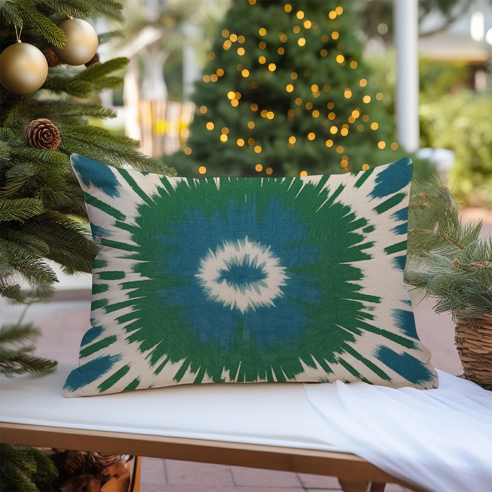 WoGuangis Antique Dark Green Bukhara Ikat Outdoor Decoration Pillow Peacock Green and Aqua Ikat Cushion Cover Chinoiserie Chic Waterproof Throw