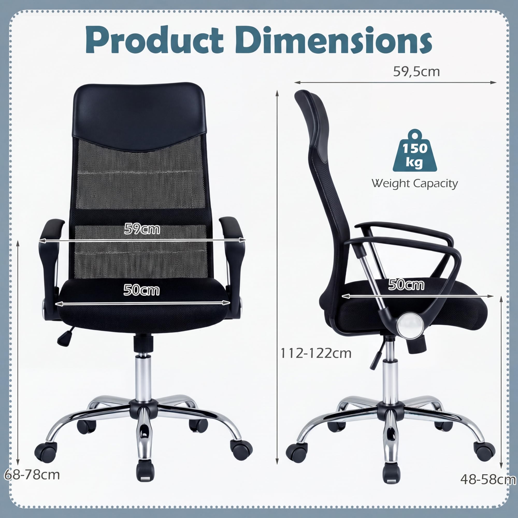 KOMFOTTEU Sedia da Ufficio Ergonomica con Ruote, Altezza Regolabile, 150kg | Poltrona Scrivania Girevole in Rete, Oscillazione, con Cuscino Imbottito, Braccioli e Schienale, per Studio e Lavoro