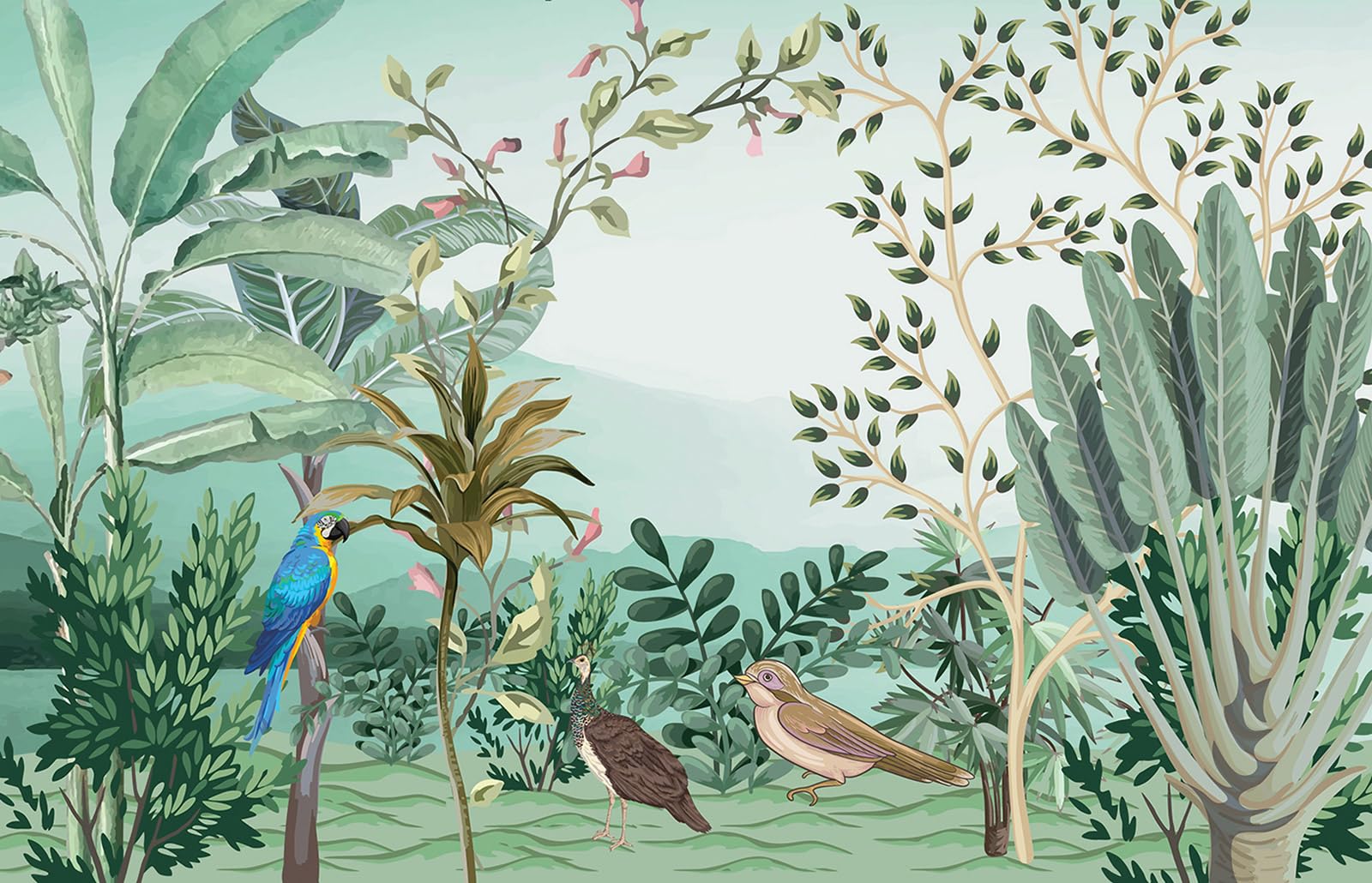 Papier peint panoramique plantes tropicales oiseaux grand format Lumalea