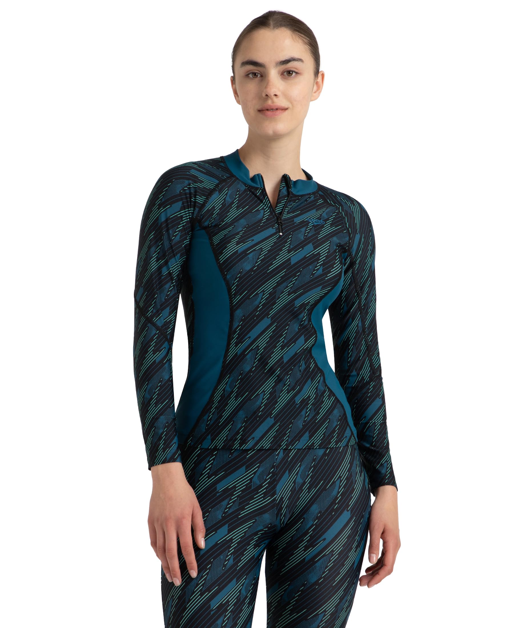 speedo Women's Endurance10 Hyperboom Print Long Sleeve Suntop | Chlorine Resistance | Shape Retention Fabric | UPF 40+ Sun Protection | Front Zipper Closure-picture-42