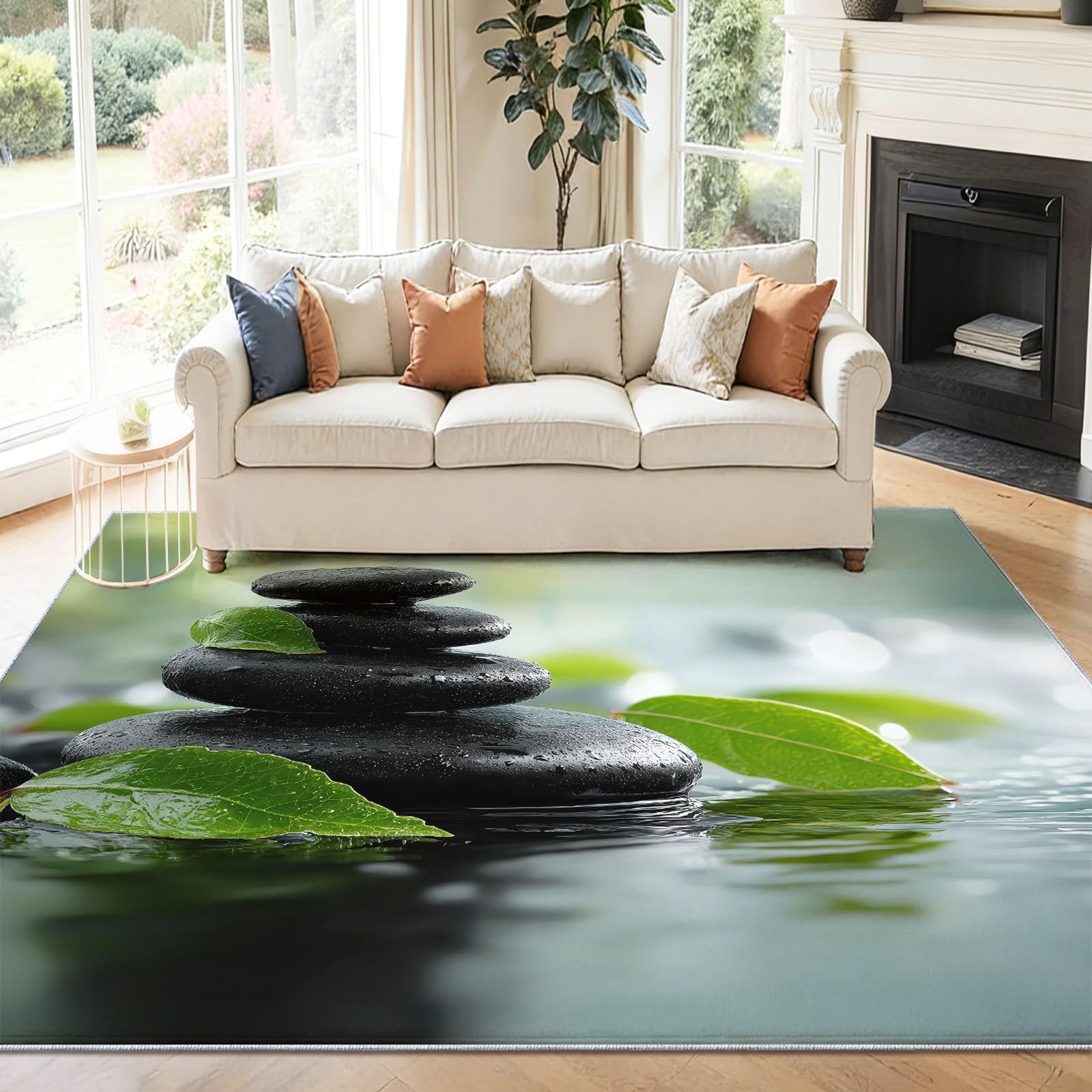 Minimalism Naturalny dywan, 80 x 150 cm, czarne kamyki, liście, można prać w pralce, duży dywan do salonu, antypoślizgowy miękki dywan z niskim runem do sypialni i jadalni, trwały wystrój domu