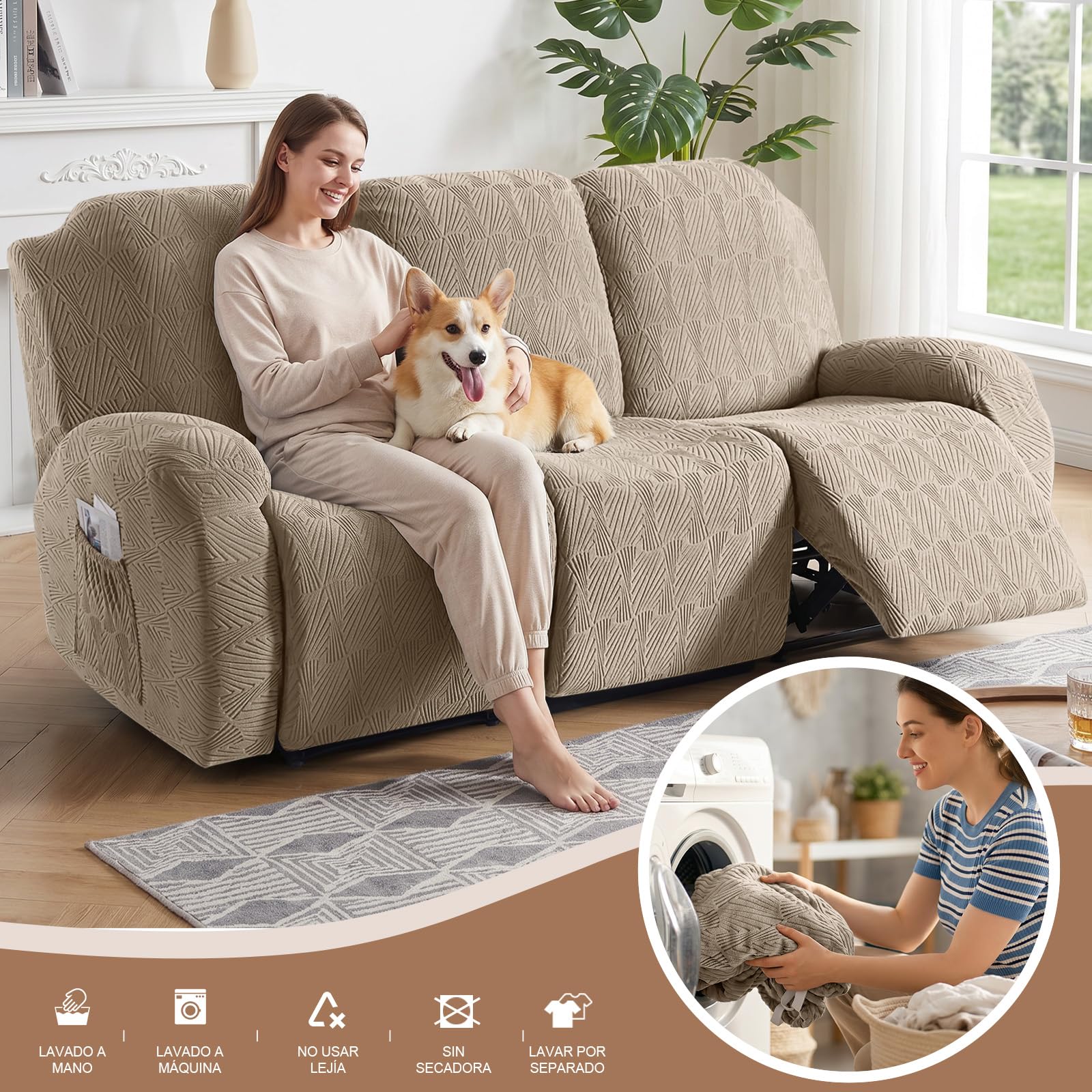 TAOCOCO Funda Sillon Relax Reclinable Elástica, Funda Jacquard para Sillón con Bolsillos, Funda de Sofá Resistente a Manchas y arañazos, Adecuada para Gatos, Perros y niños(3 Plazas, Caqui)