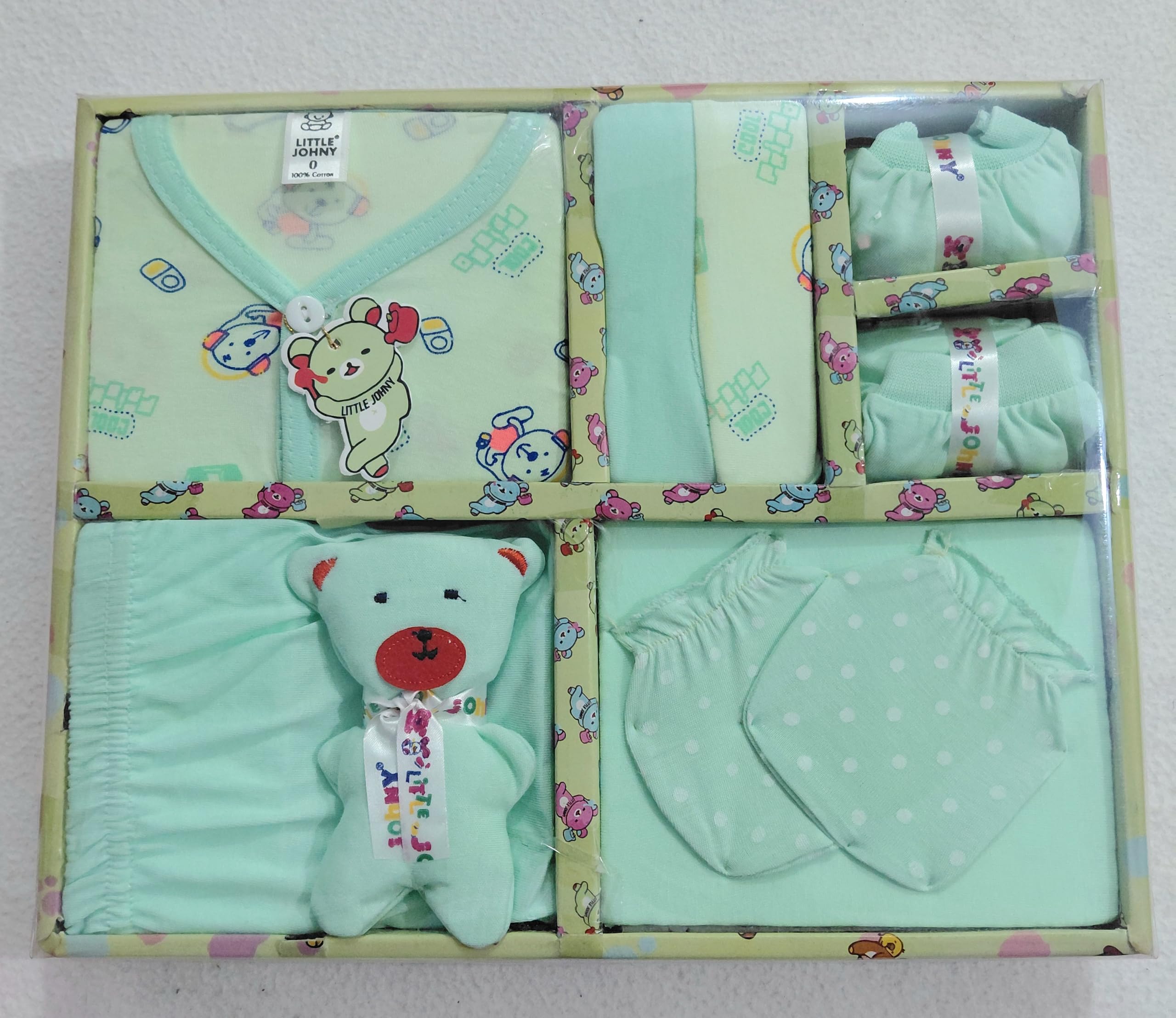 Little Johny Newborn Baby Gift Hamper Set, 100% hoziary Cotton (Green Pista) | Teddy Toy Included, Mittens & Booties-image-19