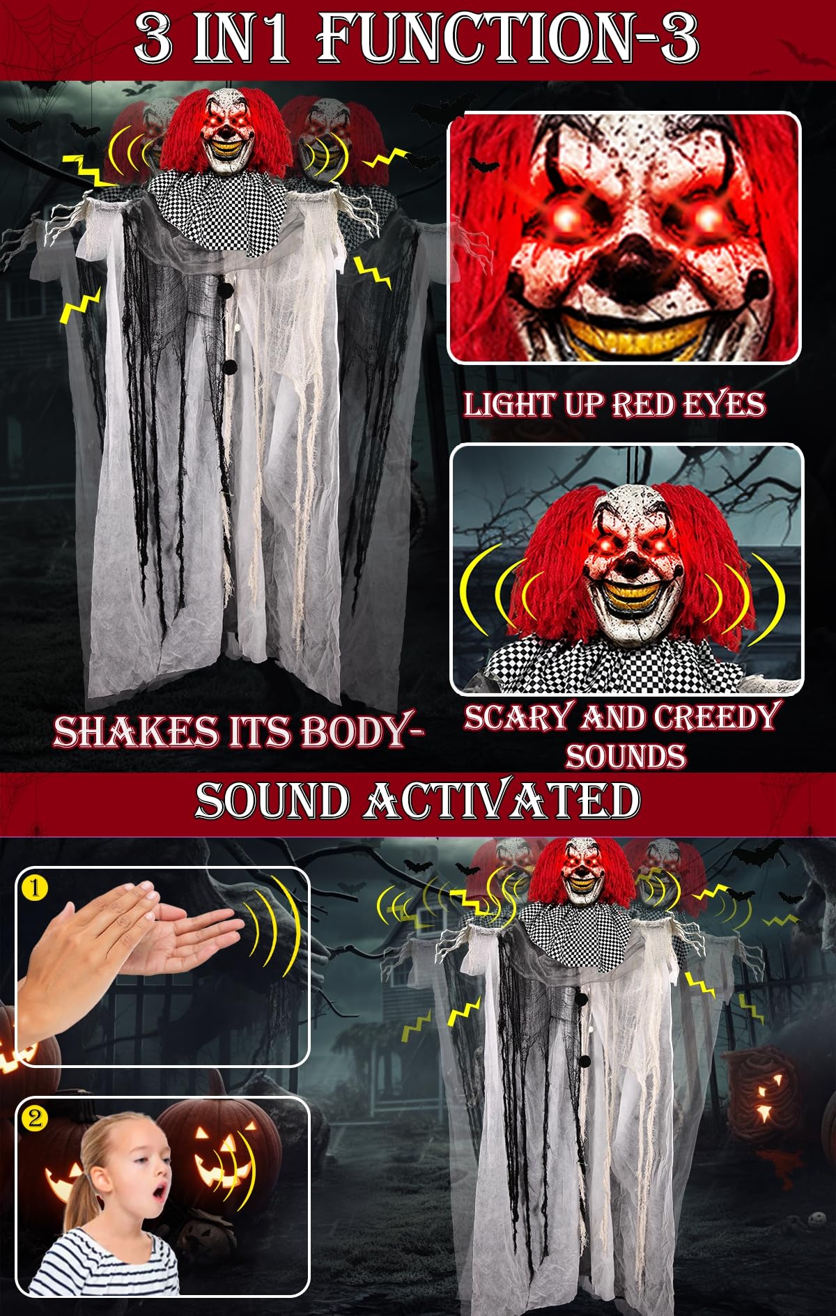 [ Sound Activated ] 70" Large Halloween Clown Animatronic Decorations Outdoor Hanging Talking & Laugh Skeleton Light Up Red Eyes Shake Life Size Bendable Arm Halloween Decor