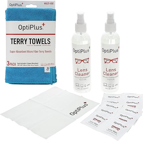 OptiPlus Paquete de limpieza de lentes y pantallas naturales de 16 onzas, toallitas para lentes, paño de microfibra y toalla de rizo de microfibra