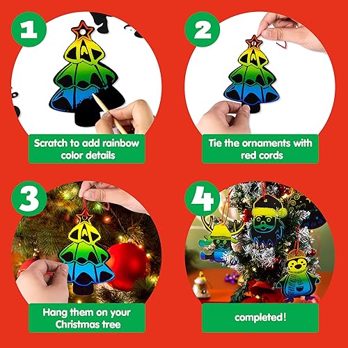 Miniatura 5 de JOYIN 120 piezas de adornos de arte de rascar navideños, kit de manualidades de papel de rascar de color arco iris, adorno navideño para colgar, kit