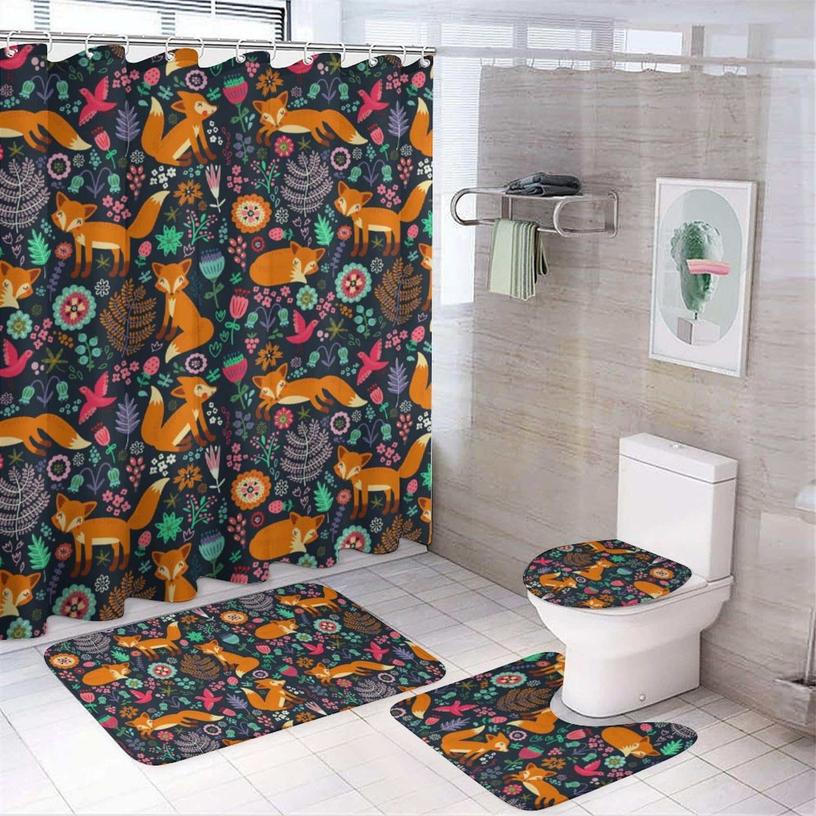 JiuPopular Bathroom Mat Set 4 Piece, Cute Fox Floral Shower Curtain with Non-Slip Bath Mats for Bathroom