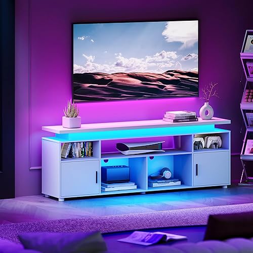 Miniatura 9 de SUNCOZE Soporte de TV, centro de entretenimiento con luces LED y gabinete para 70/75/80 pulgadas, consola de TV moderna, soportes de televisión