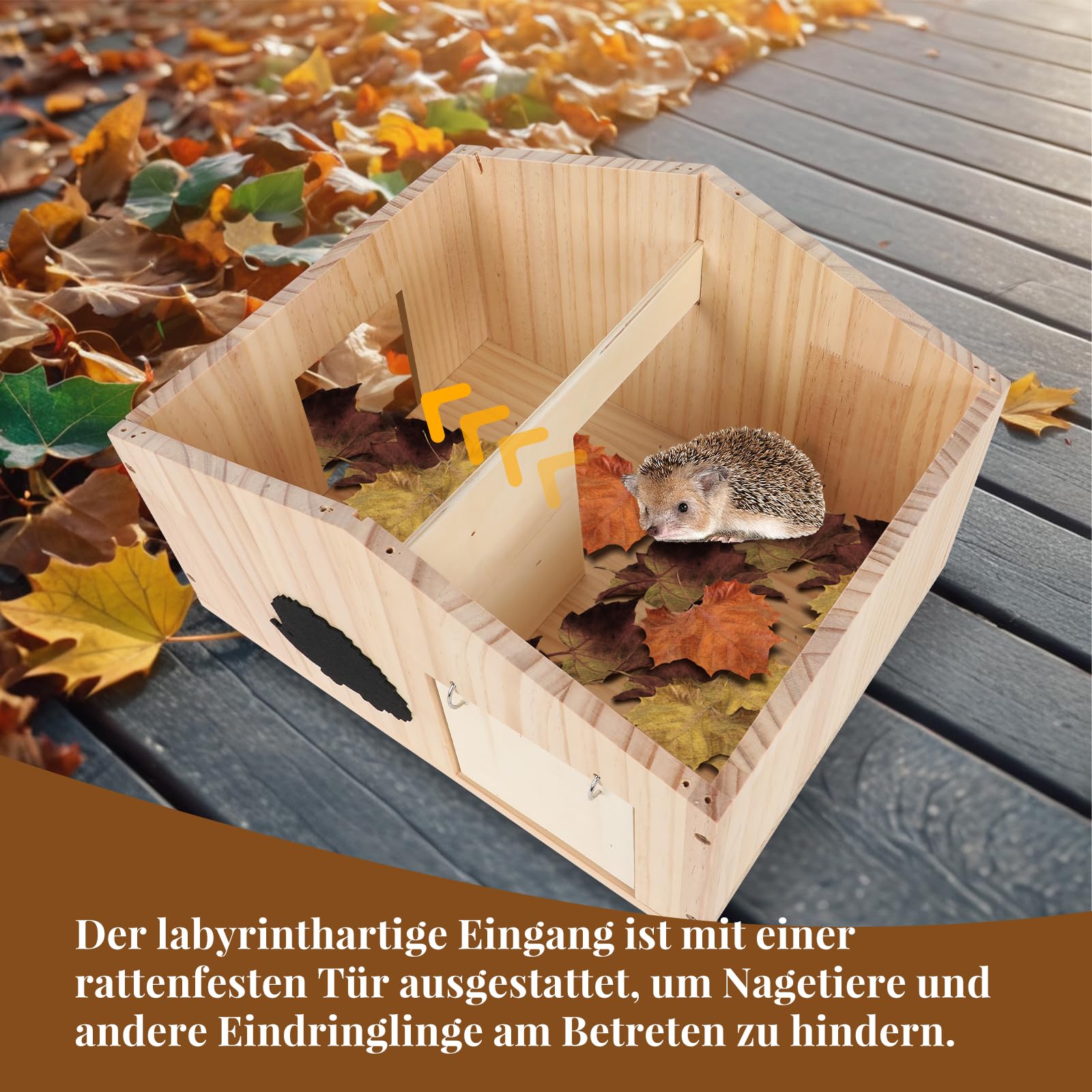 Igelhaus Holz mit Rattenklappe und Boden, Winterfestes Igelhotel für Garten