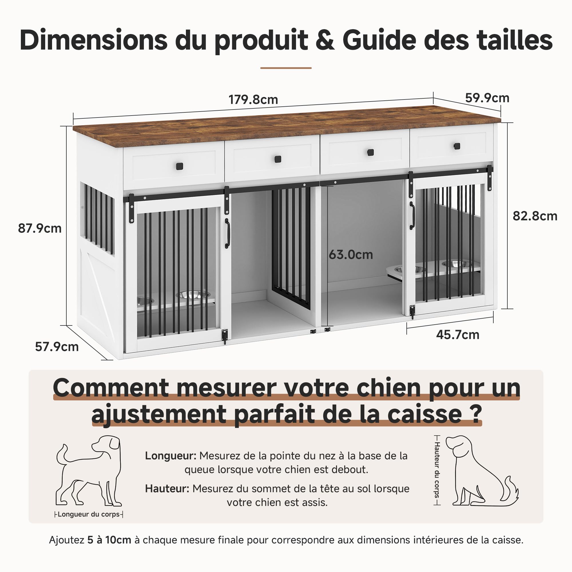Cage pour Chien Wlince 180 cm (71 po) pour 1 ou 2 Chiens avec Porte coulissante,Cage Robuste pour Chiens de Petite et Moyenne Taille avec 4 gamelles, Structure en Acier,Blanche