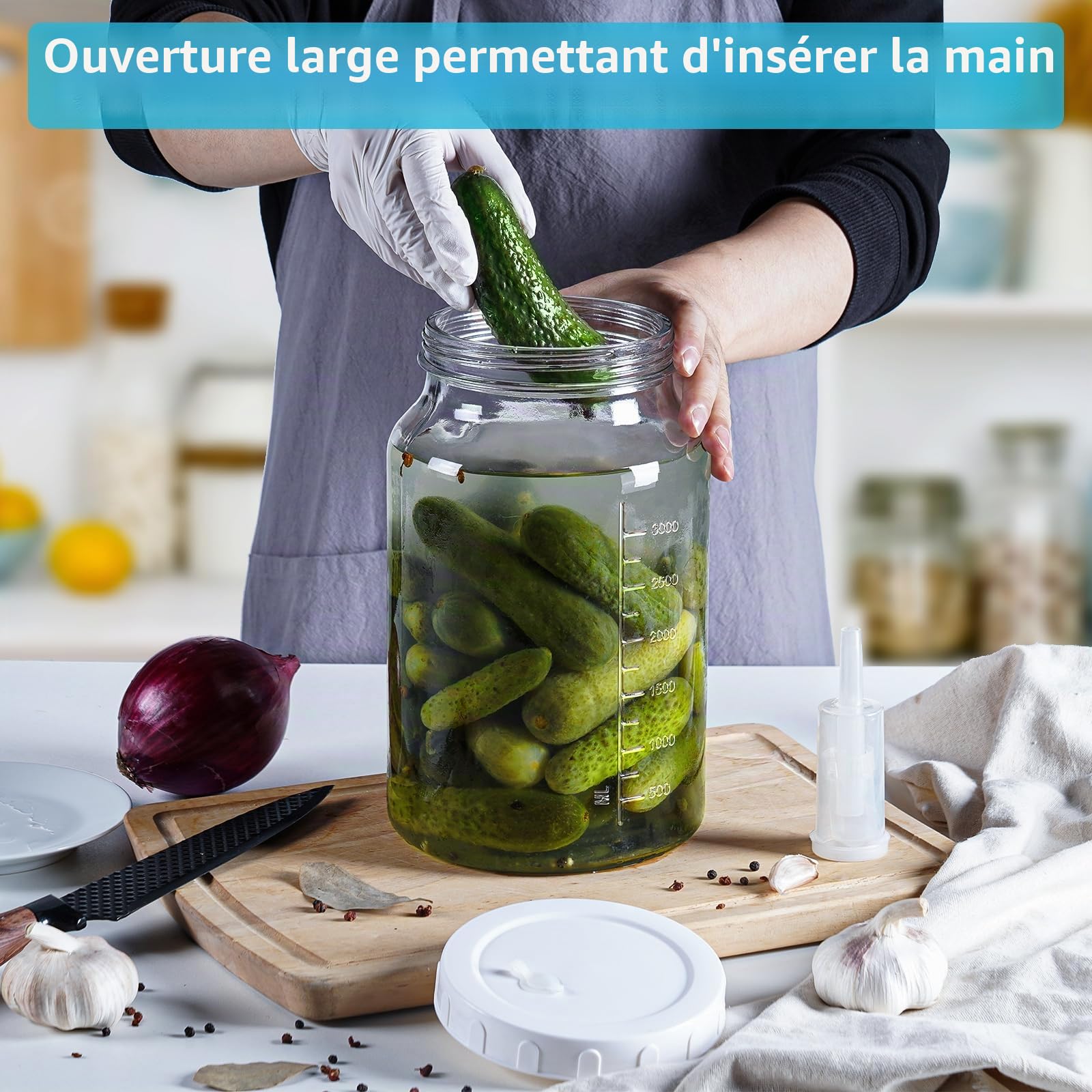 Absovetu Lot de 2 bocaux de fermentation avec sas et couvercles à visser 4 L – Bocaux de fermentation pour choucroute, levain, kimchi, kéfir kéfir
