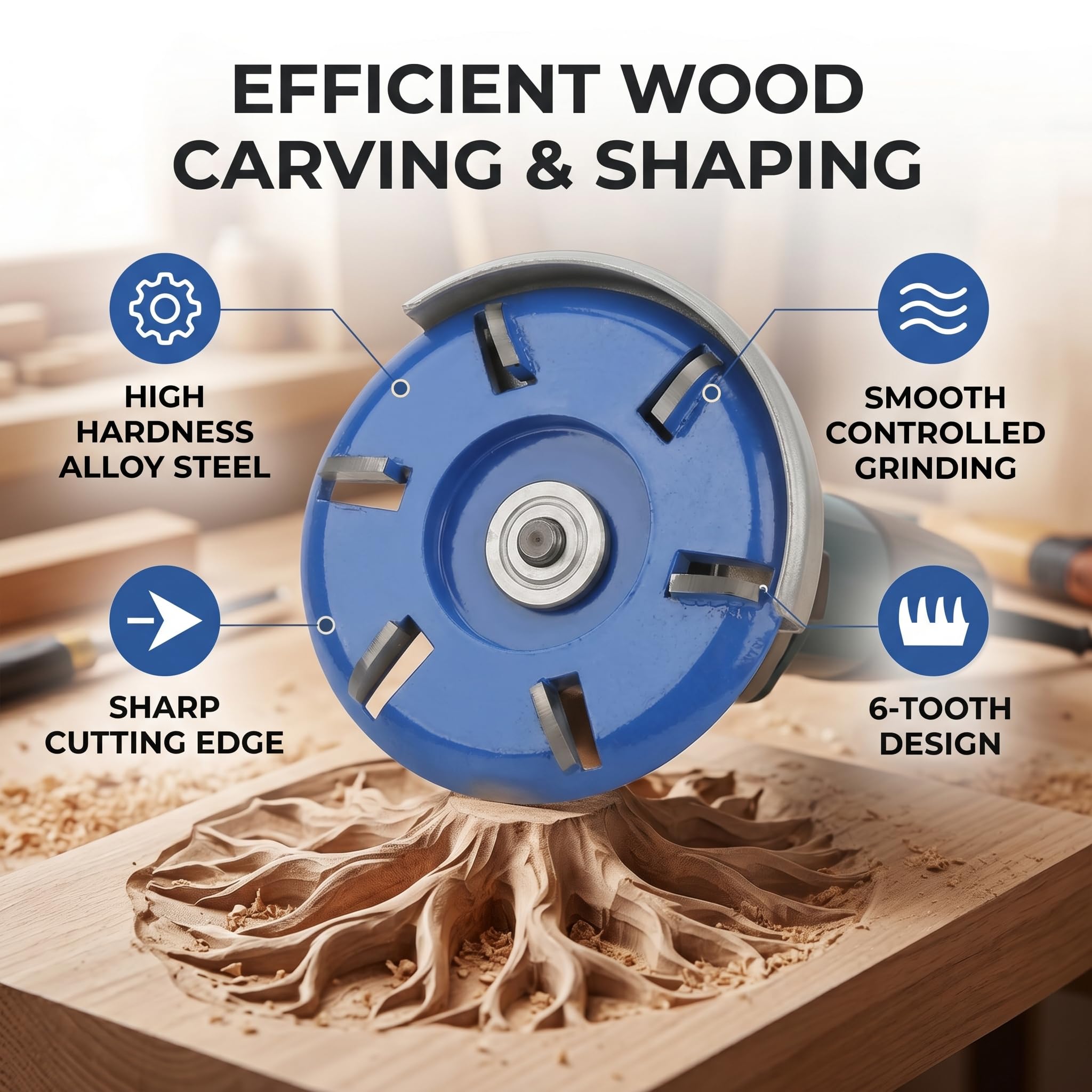Fresa para Carpintería de Acero con 6 Dientes Herramienta de Tallado de Madera Compatible con Amoladora Angular para Madera Blanda y Dura Forma Curvada
