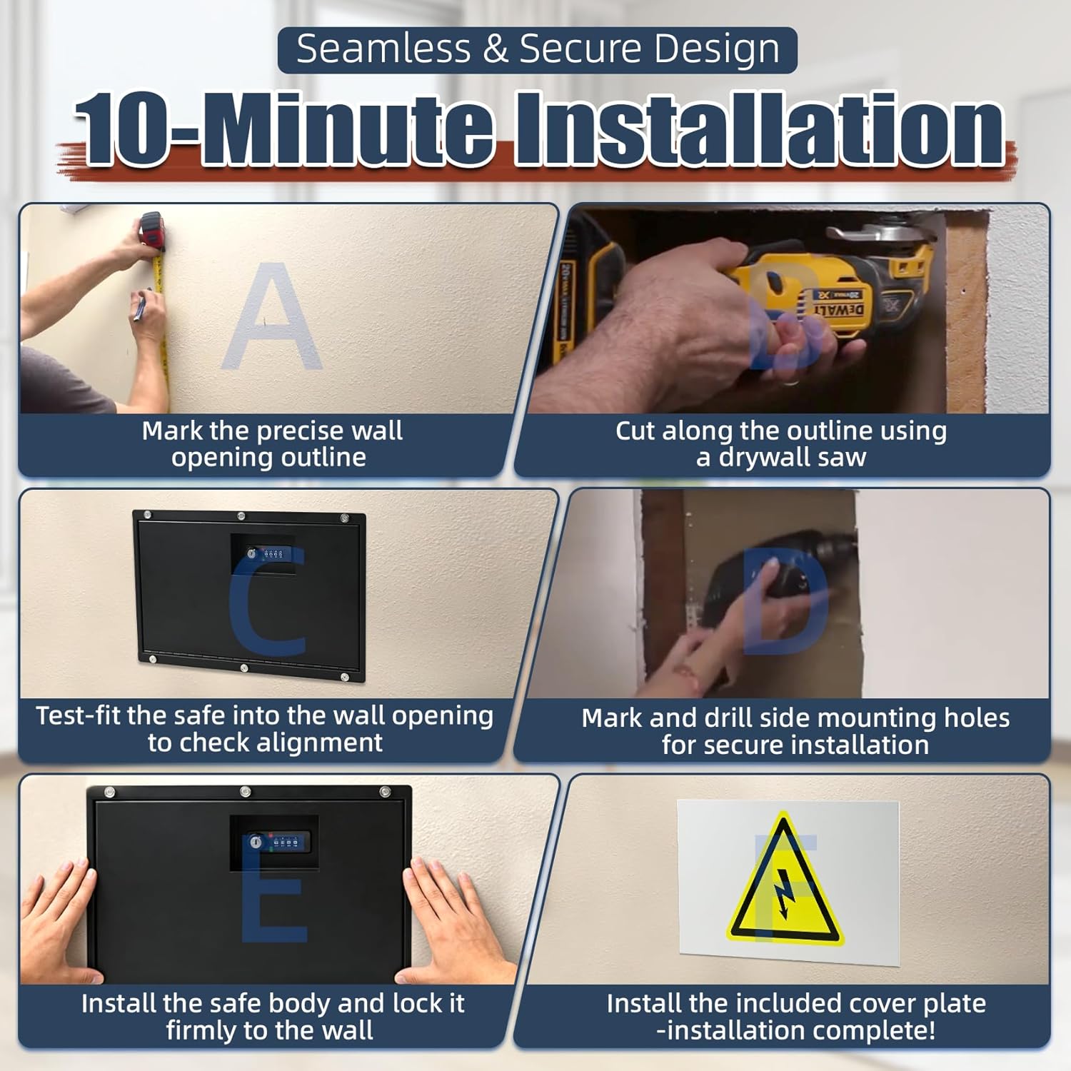 Hidden In-Wall Safe with Magnetic Disguised Electrical Warning Cover & Combination Lock–Easy to Install Recessed Security Safe Fits 16" Studs for Home,Office,Closet,Cash & Documents