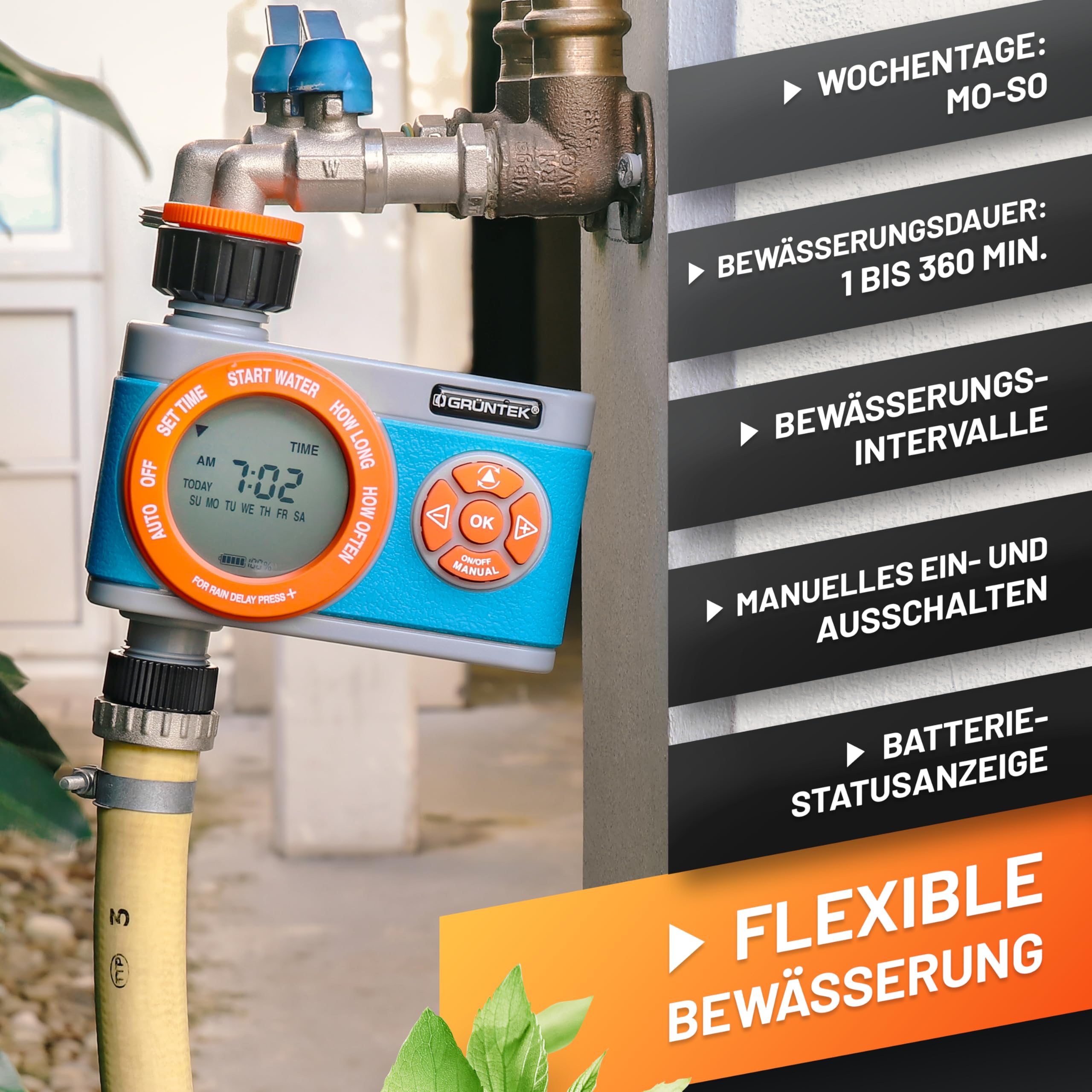 GRÜNTEK Digitale Bewässerungssteuerung mit Digitalanzeige, Flexibler Bewässerungscomputer mit Wahl der Wochentage und Bewässerungstimer von 1 Min. bis 360 Min.