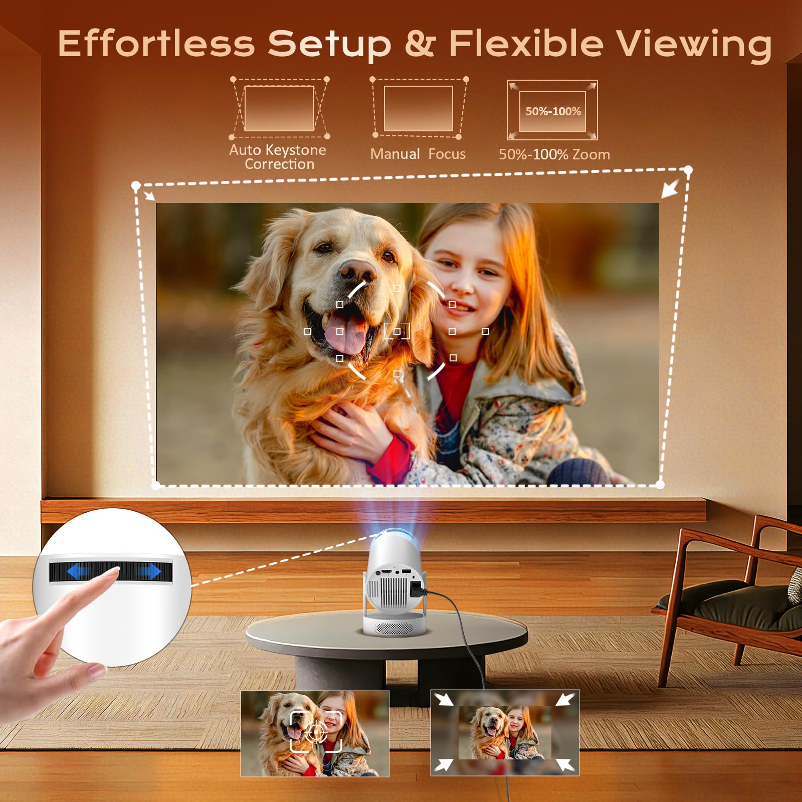 Proyector Portátil, Mini Proyector 4k 1080P Full HD Soporte 200 ANSI con WiFi 6 Bluetooth 5.4 Android 12.0, Altavoz Integrados 5W Auto Keystone Portable 270° Rotation para Cine en Casa Exterior