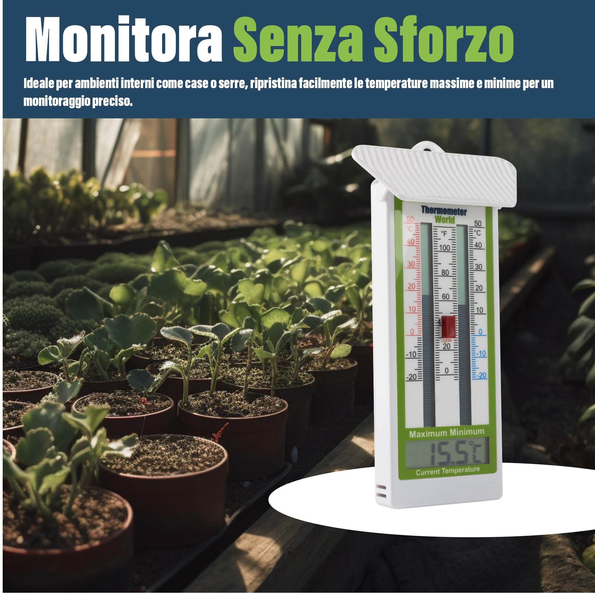 Termometro digitale massimo-minimo per serra, giardino, al chiuso o all’aperto, impermeabile IP65