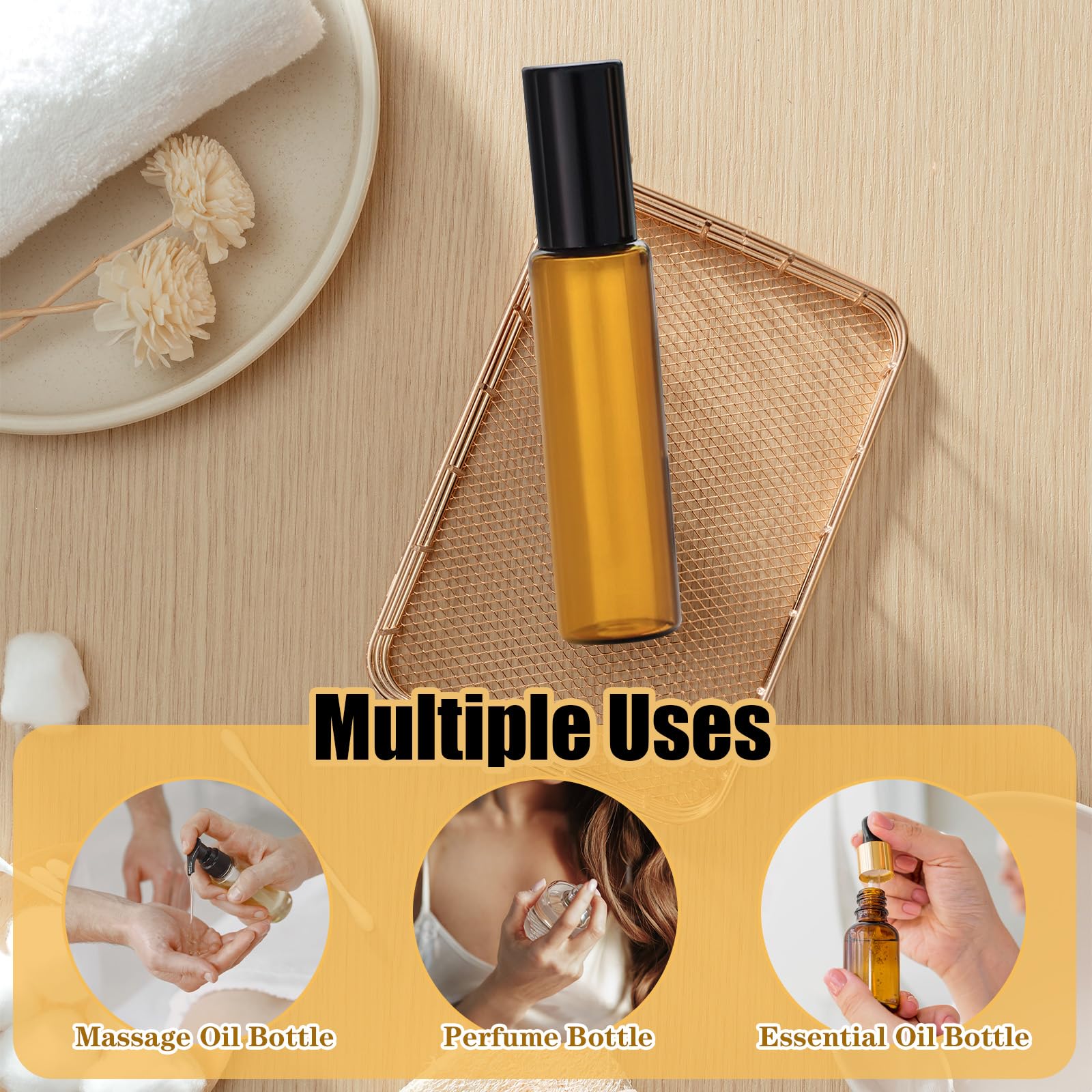 10 Pièces Flacon Roll on Vide en Verre de 10ml, Roll On Huile Essentielle, Avec Bille en Acier Inoxydable, Réutilisable, Bouteilles en Verre pour Parfum, Aromathérapie, Massage, Voyag