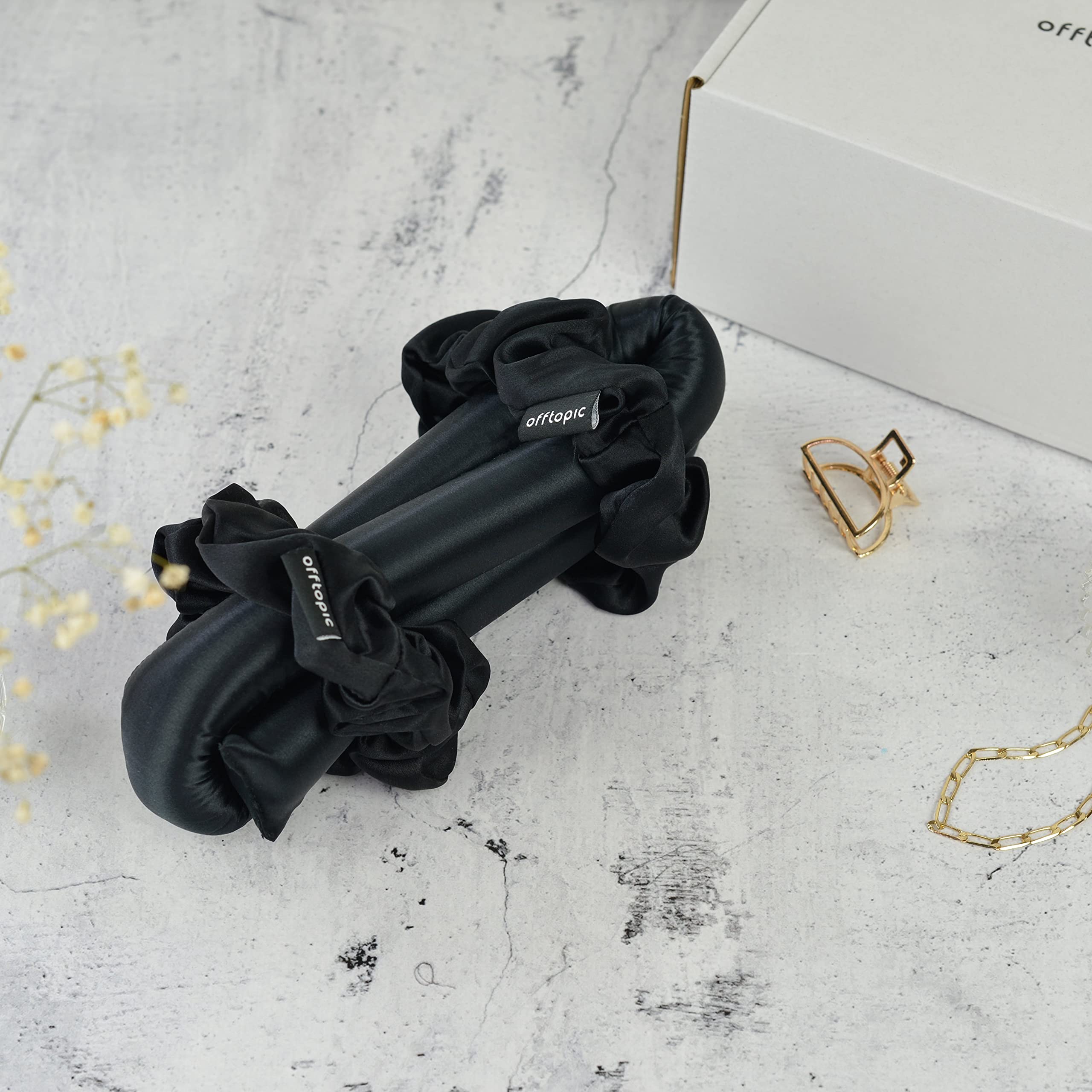 OFFTOPIC® Curling Ribbon & 2 Scrunchies in Pura Seta 100% naturale | Nuovo modo di creare Onde Perfette ai Capelli senza rovinarli | Arriccia capelli naturale senza usare piastra | Nero