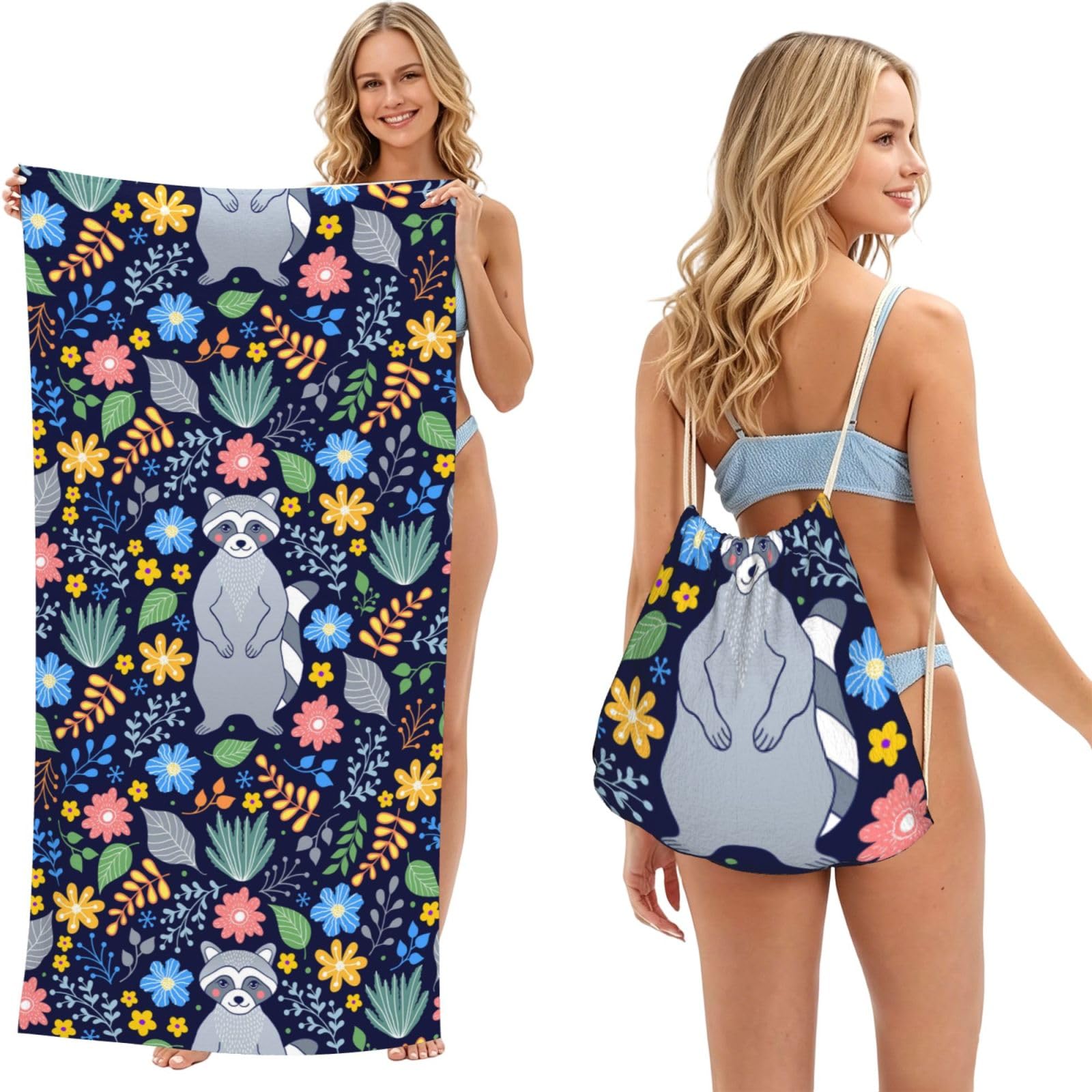 Poadnly As Picture Raccoon And Tropical Flowers, 2 In 1 Packable Towel Bag, Beach Towels With Drawstring Backpack For Travel Holiday Camping