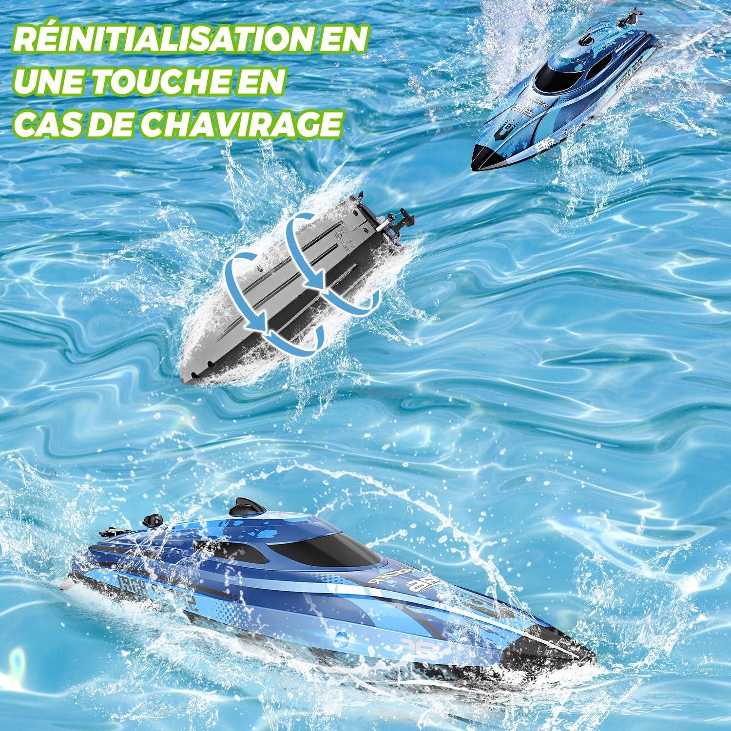 25 KM/H Bateau Télécommandé avec Lumière LED, 2,4 GHz Bateau Telecommandé Enfant, Bateaux Telecommande avec 2 Batteries pour 40 Minutes de Temps de Jeu, Cadeaux d'été pour Garçons et Filles (Bleu)