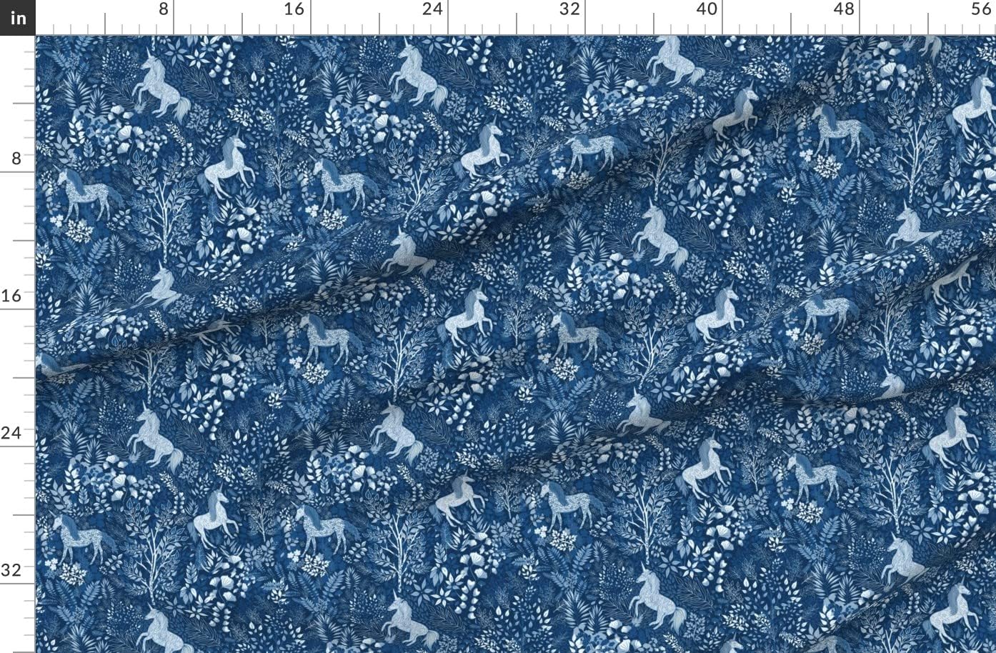 Spoonflower Fabric - Classic Blues Woodland Forest Magical Botanical Whimsical Woods Gingko Printed on Organic Cotton Sateen Fabric by The Yard - Sewing Quilting Apparel Home Decor