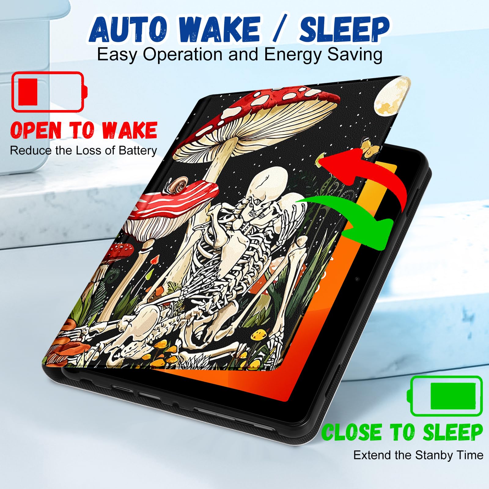 Wazzasoft Schutzhülle für Amazon Kindle Fire HD 10/10 Plus Tablet 13. / 11. Generation für Damen, Mädchen, Kinder, Jungen, Folio-Hülle, niedliches modisches Design, Gothic-Skelett-Totenkopf-Design