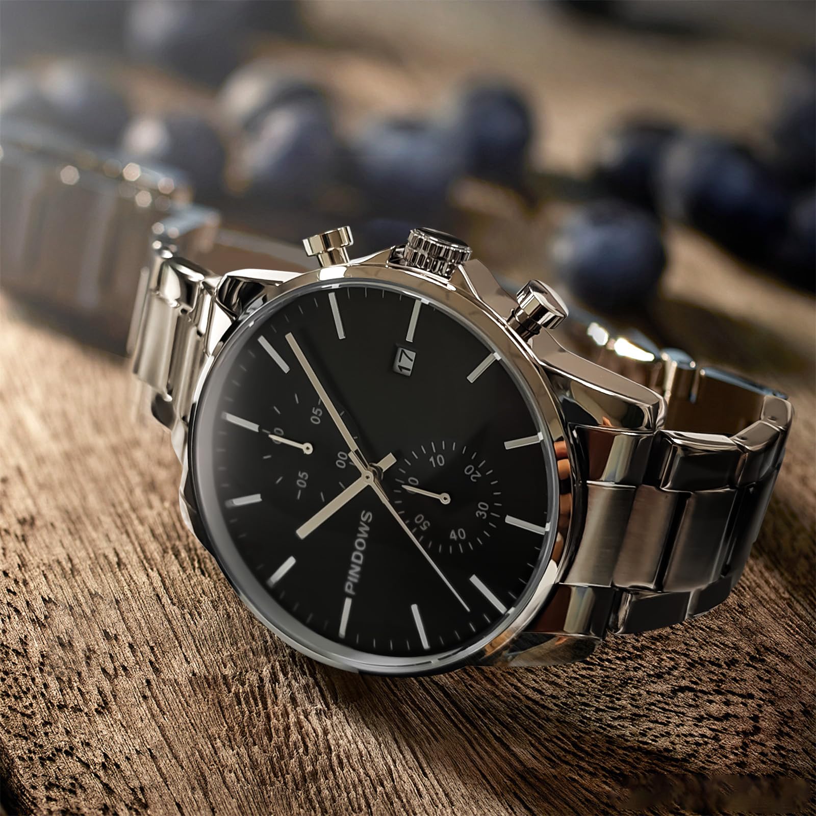PINDOWS Orologi da uomo, moda, minimalista, business, robusto, acciaio inossidabile, impermeabile, cronografo, orologio al quarzo con datario automatico