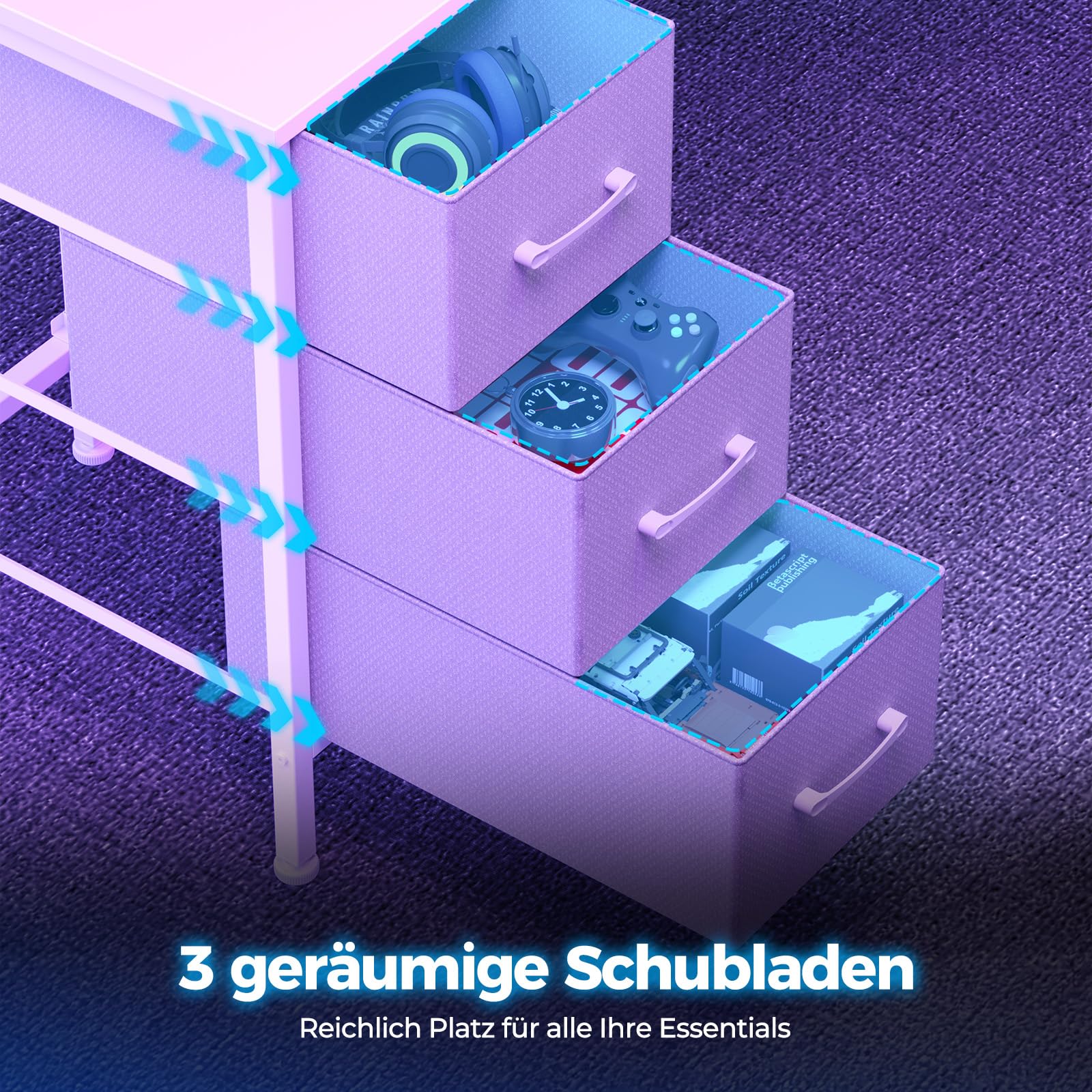Seventable L-förmiger Gaming Schreibtisch mit LED-Beleuchtung & Steckdosen, Eckschreibtisch mit 3 Stoffschubladen & Ablage, Computertisch für Home Office & PC-Gaming,Weiß,119×119×88 cm