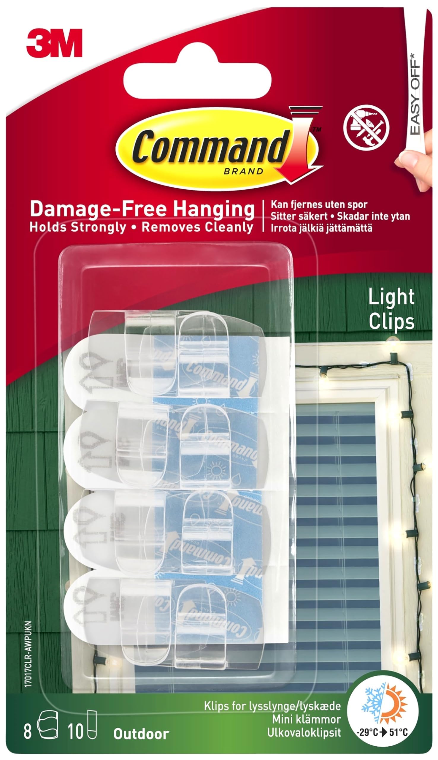 Command Clear Outdoor Light Small Clips Transparent color, 8 hooks + 10 strips/pack | Holds 225 gr. each clip | Organize | Decoration | No Tools | Holds Strongly | Damage-Free Hanging